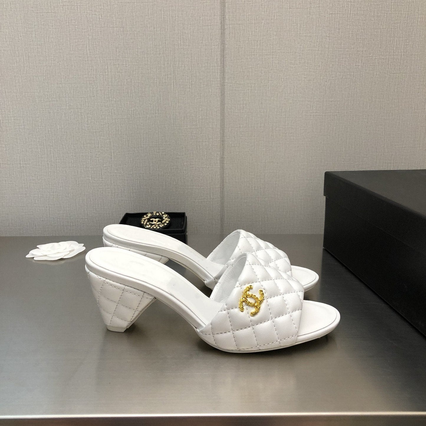 CHANEL rev cone heel mule slide sandal white quilted lambskin 6cm