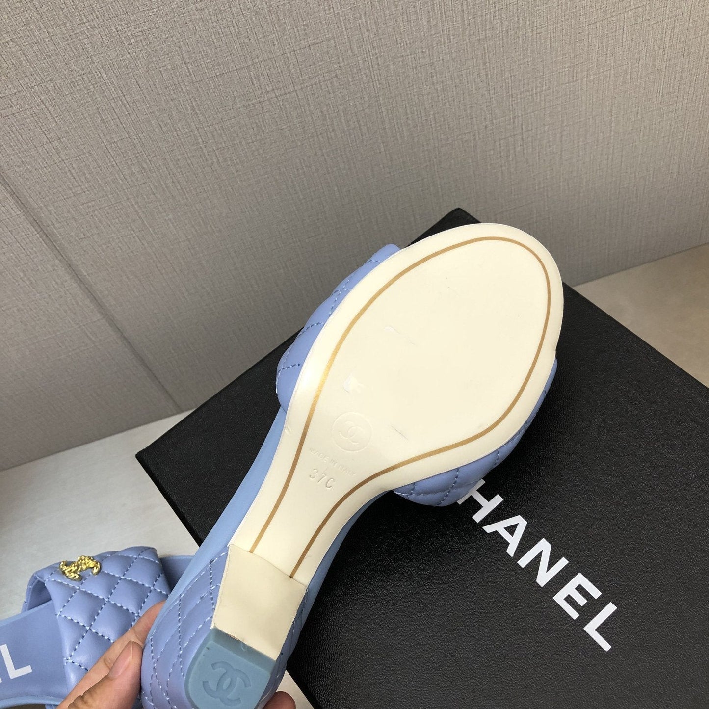 CHANEL rev cone heel mule slide sandal cloud blue quilted lambskin 6cm