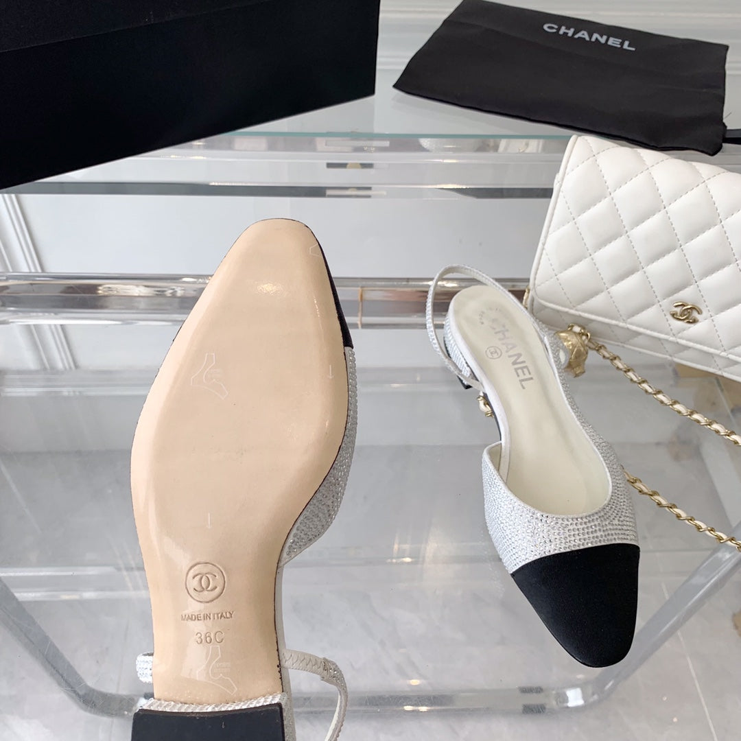 CHANEL Double Rhinestone Slingback Sheepskin White Black