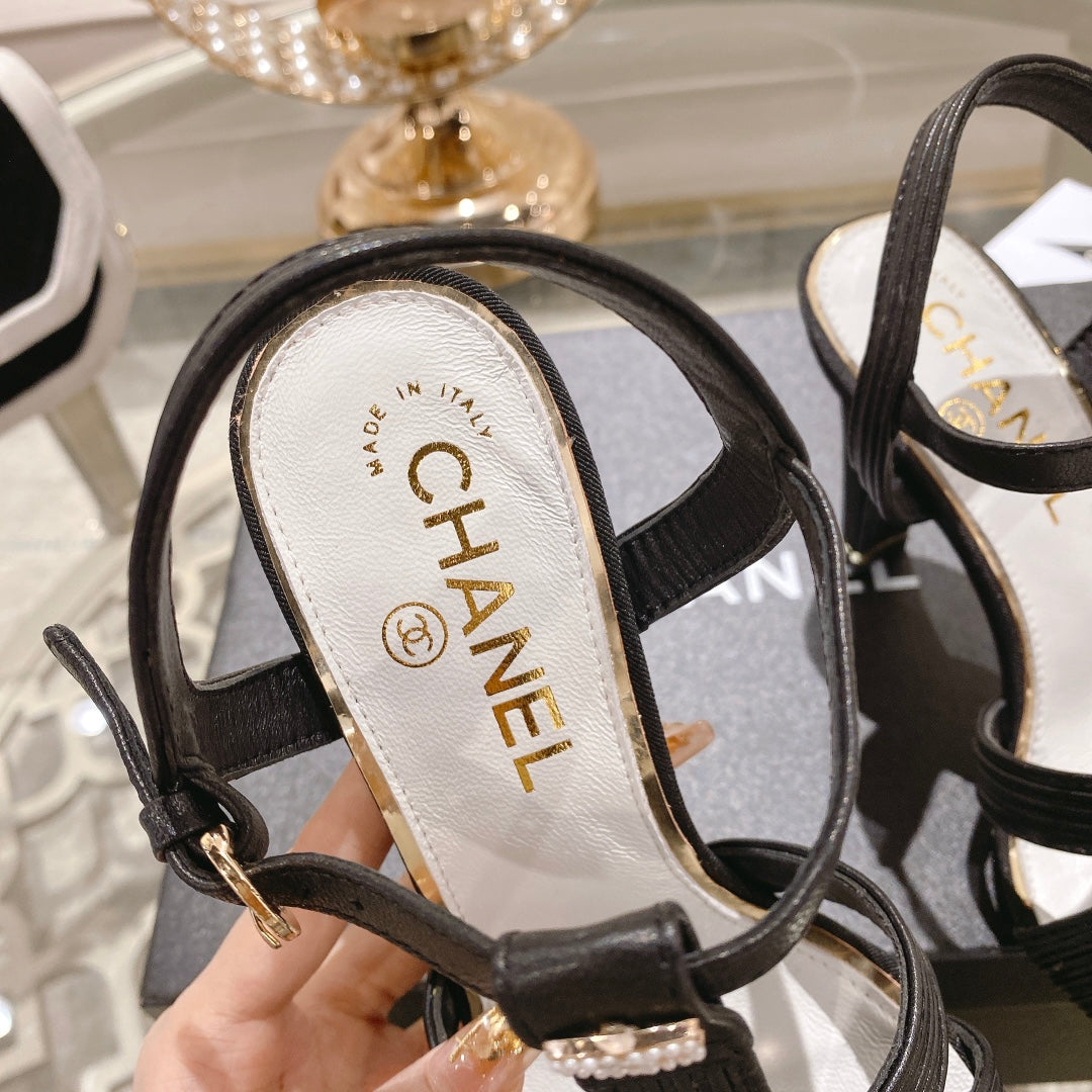 CHANEL Double C Heeled Sandals Black Lambskin