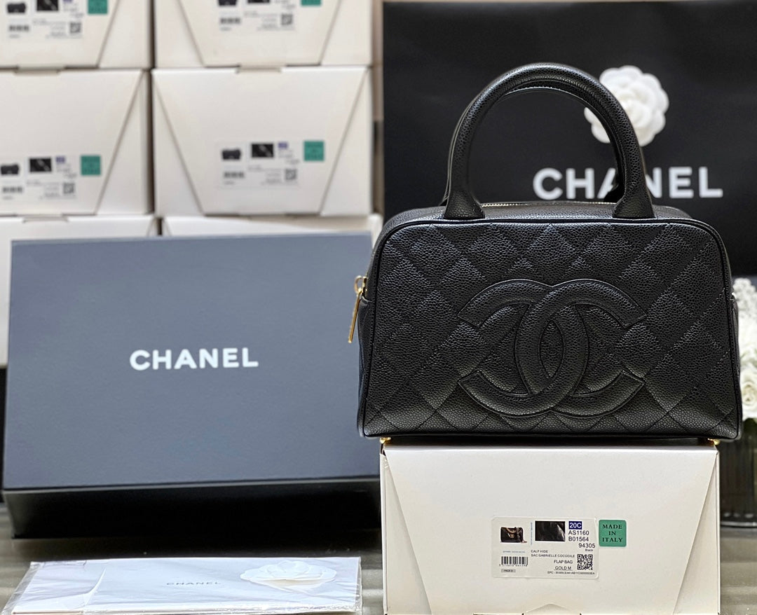 CHANEL 25S QUILTED CAVIAR BOWLING BAG 27 IN BLACK CALFSKIN