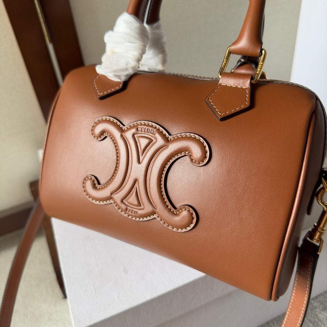 CELINE EMBOSSED TOP HANDLE BAG 20 IN BROWN CALFSKIN