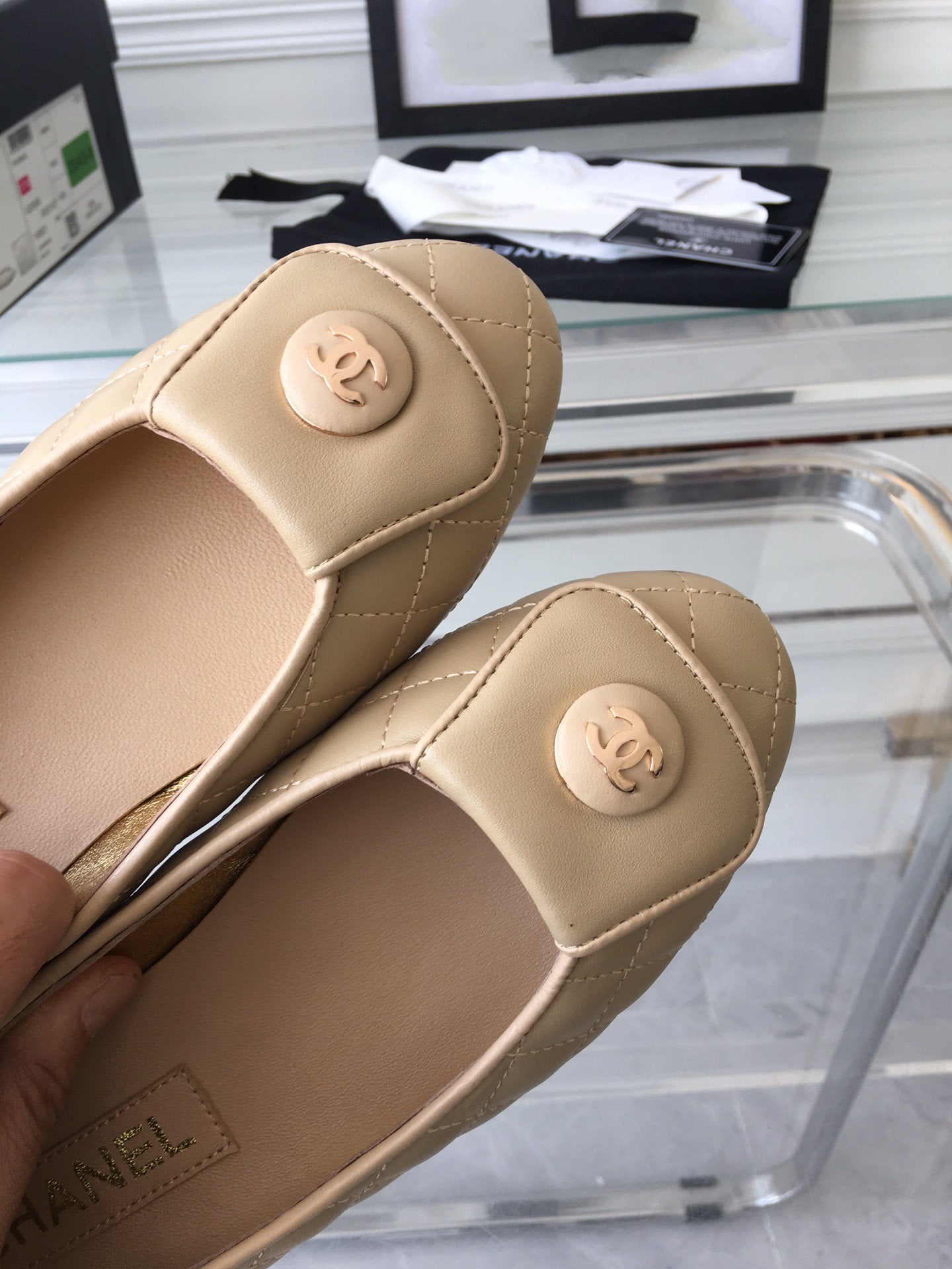 CHANEL ballet flat quilted beige gold lock