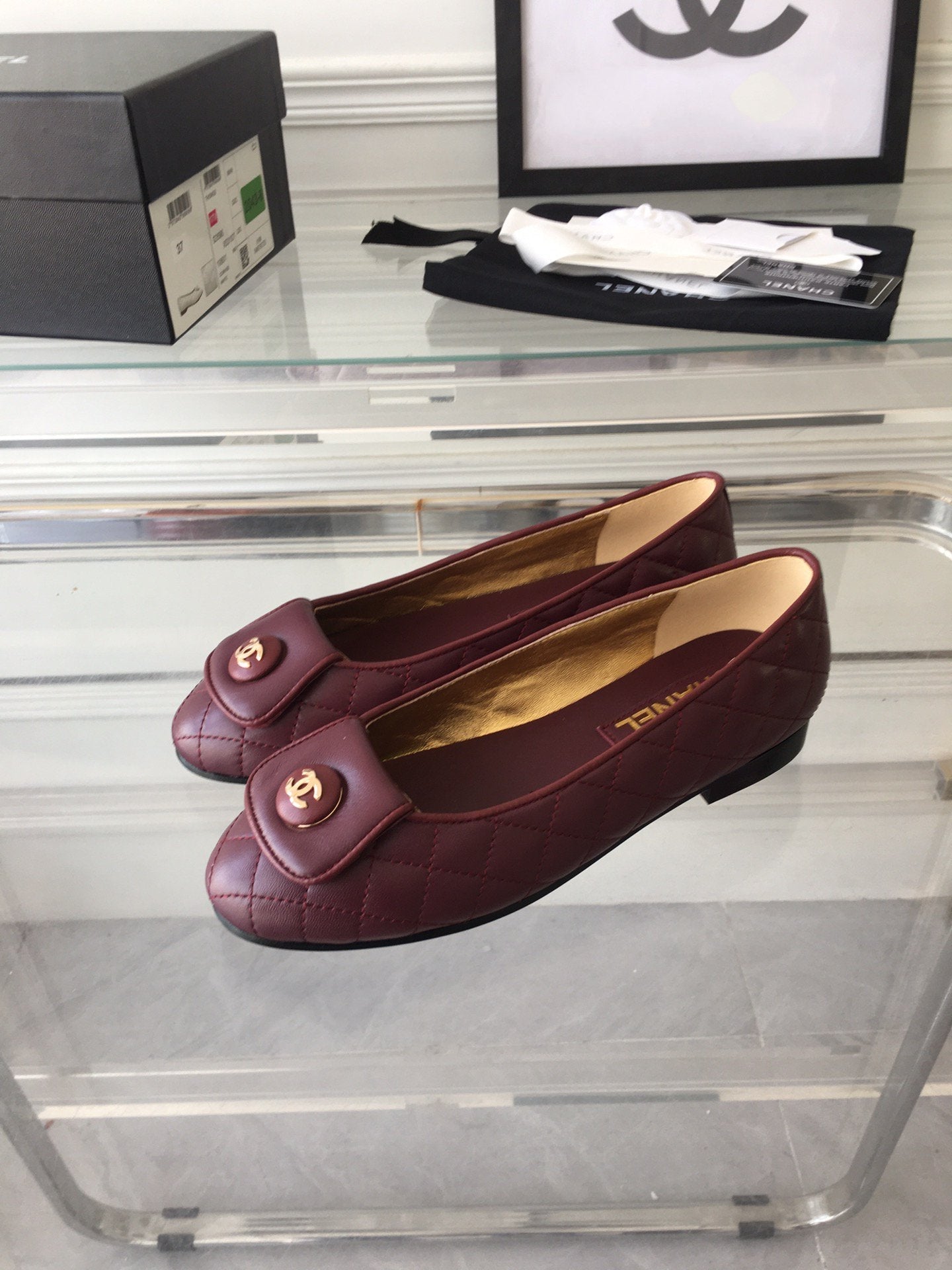 CHANEL ballet flat quilted wine gold lock