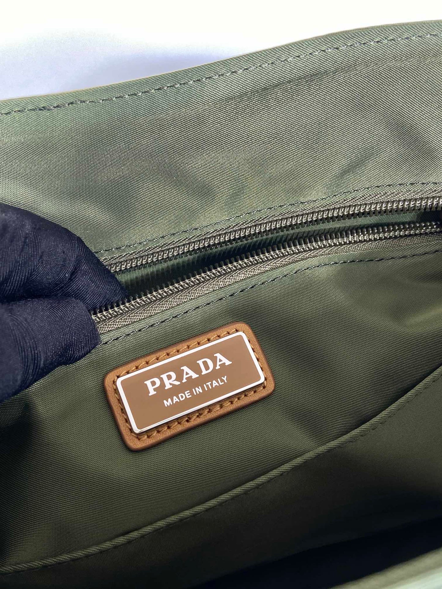 PRADA LARGE FLAP BAG 30 IN SEAWEED GREEN RE-NYLON AND BROWN CALFSKIN TRIM