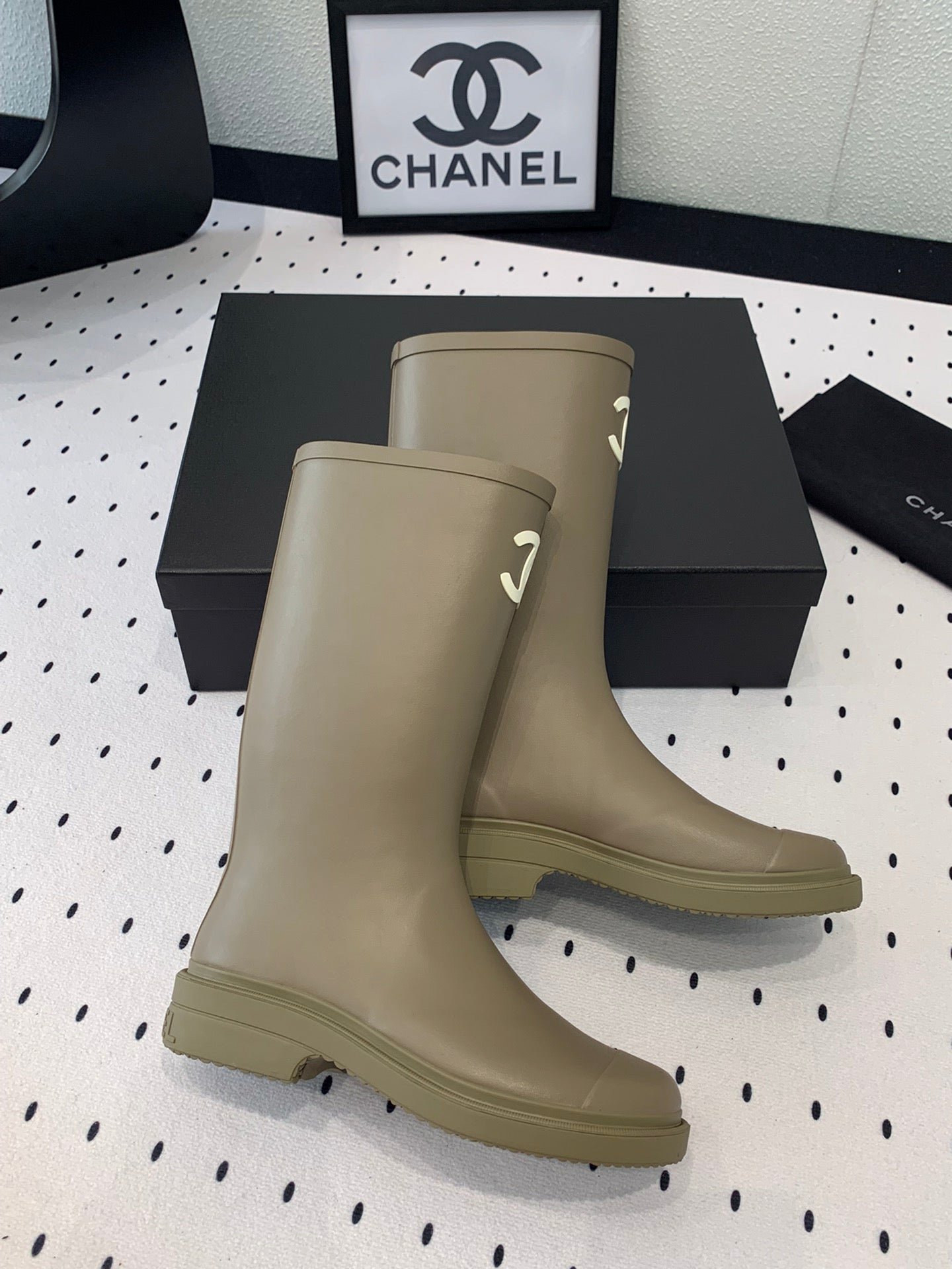 CHANEL rainboot dark beige