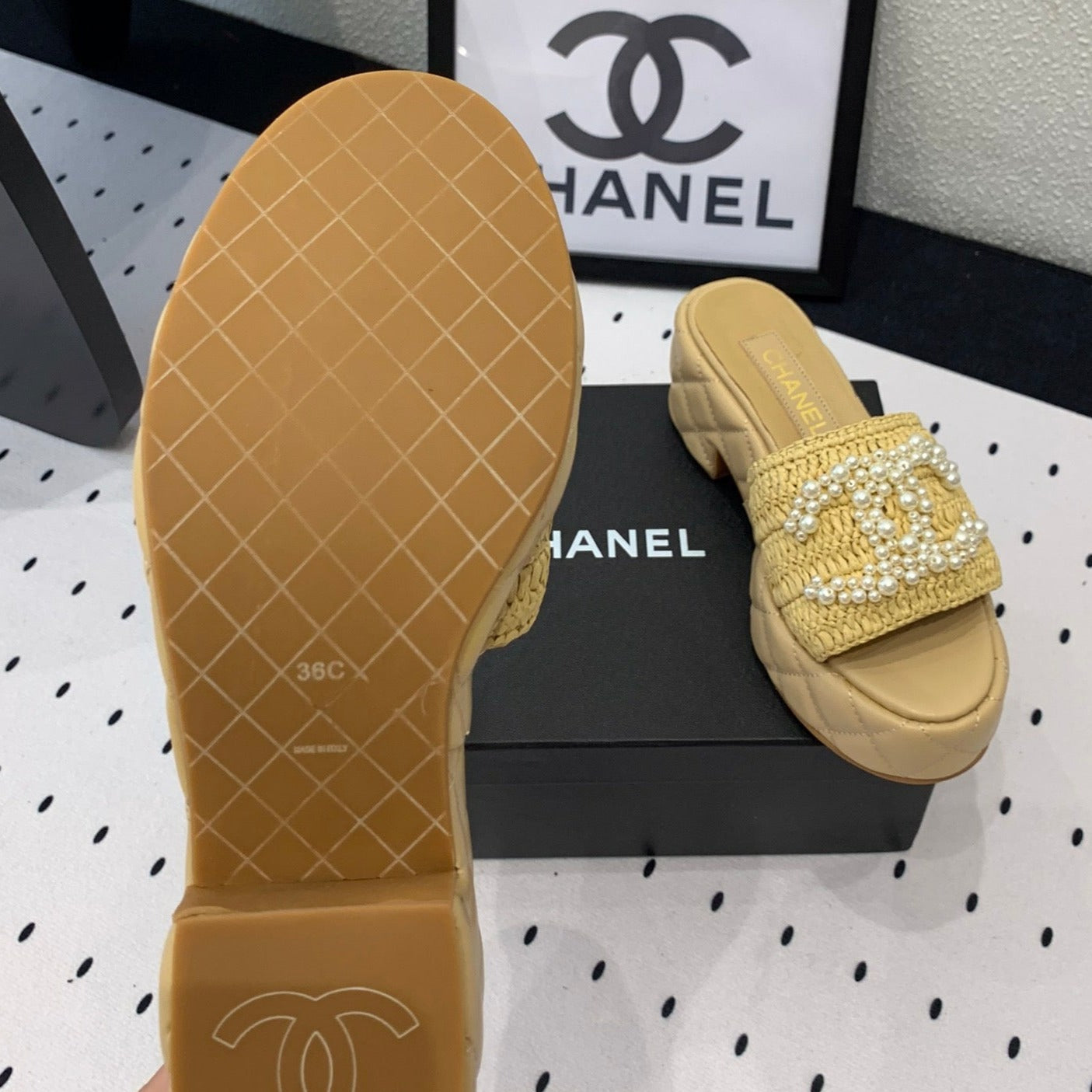 CHANEL Double pearl platform sandals Sheepskin Fawn Yellow