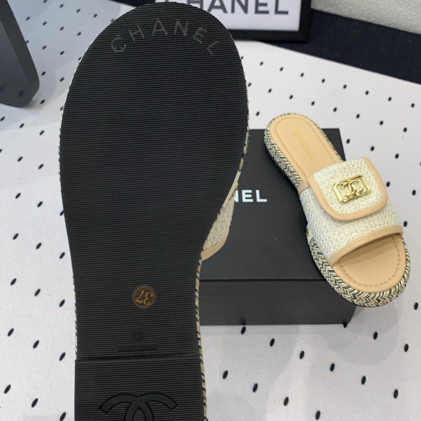 CHANEL Double Women New Trendy Calfskin Slippers Beige Cream