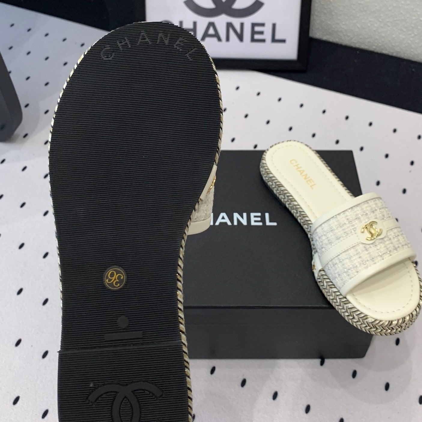 CHANEL Double Women White Slippers Calfskin