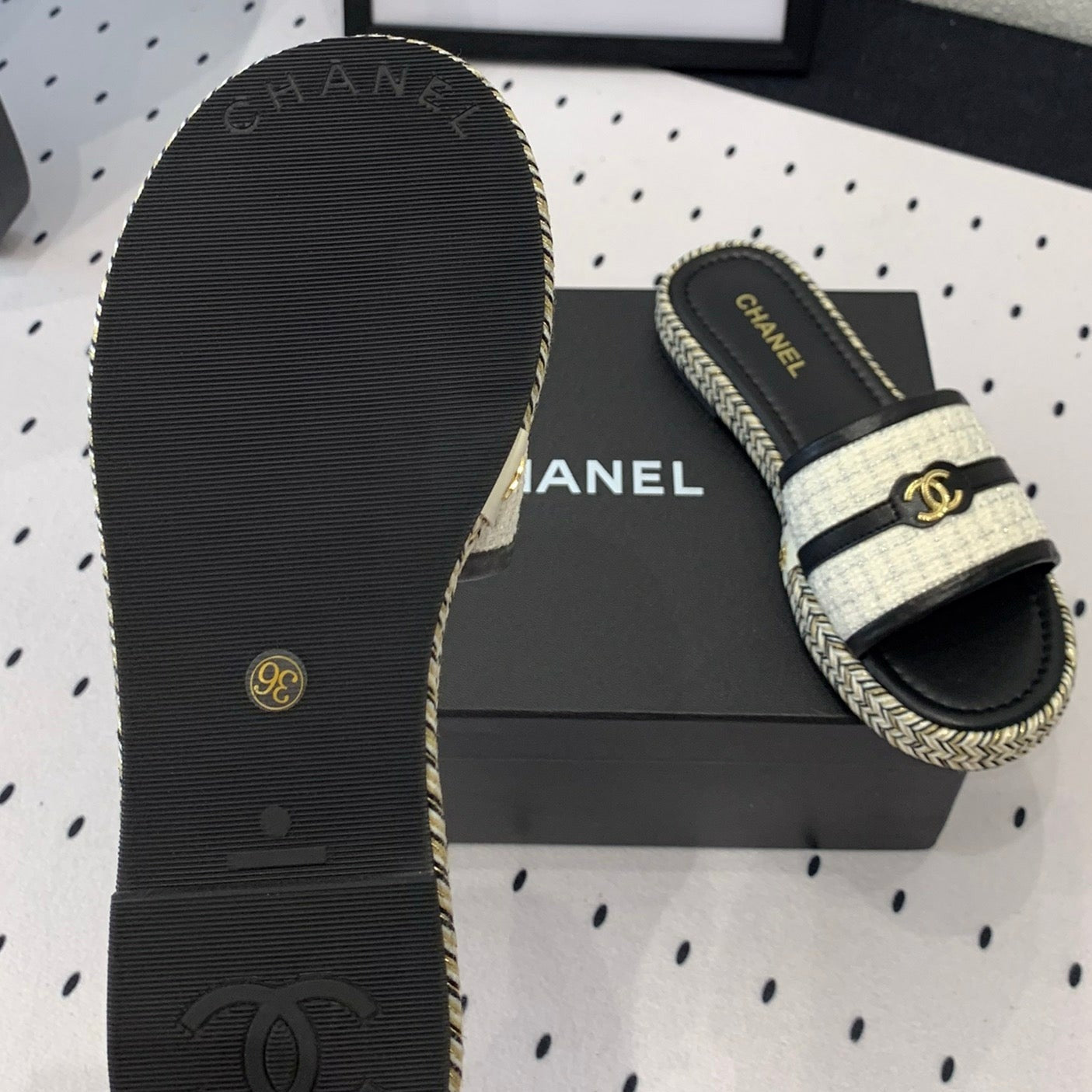 CHANEL Double Women White Black Slippers Calfskin
