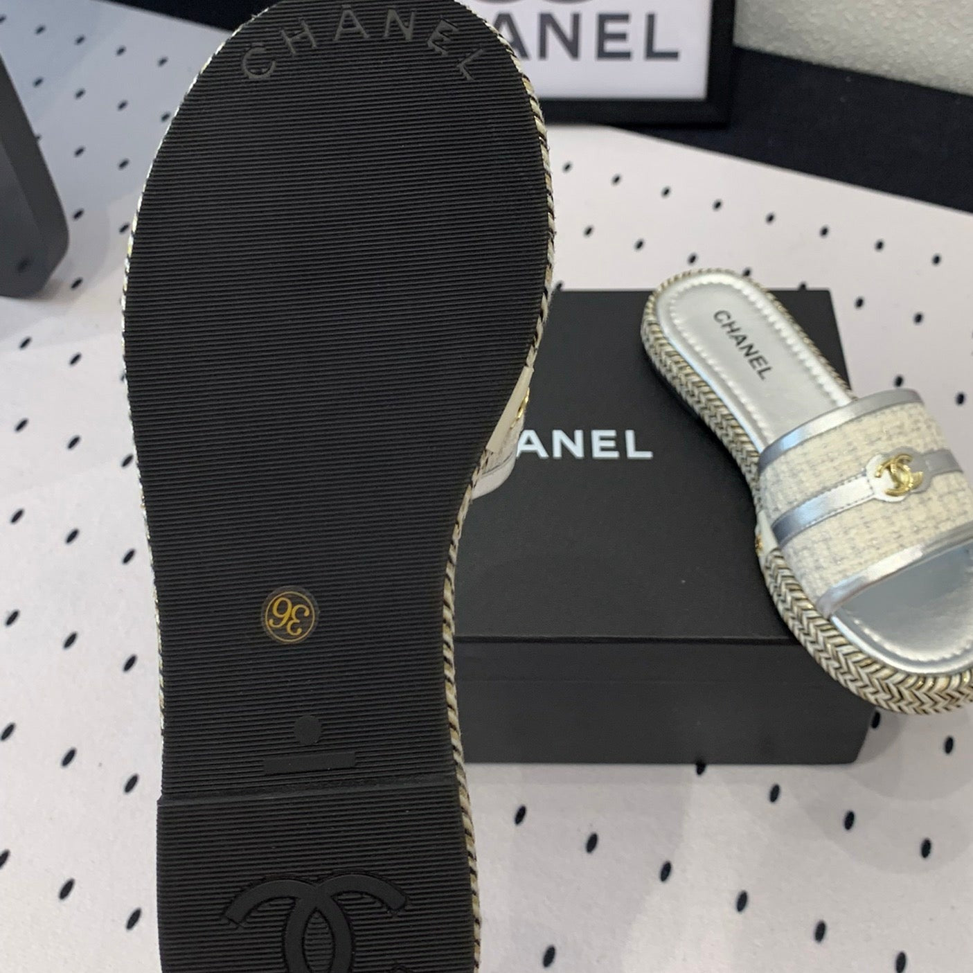 CHANEL Double Women Silver Slippers Calfskin