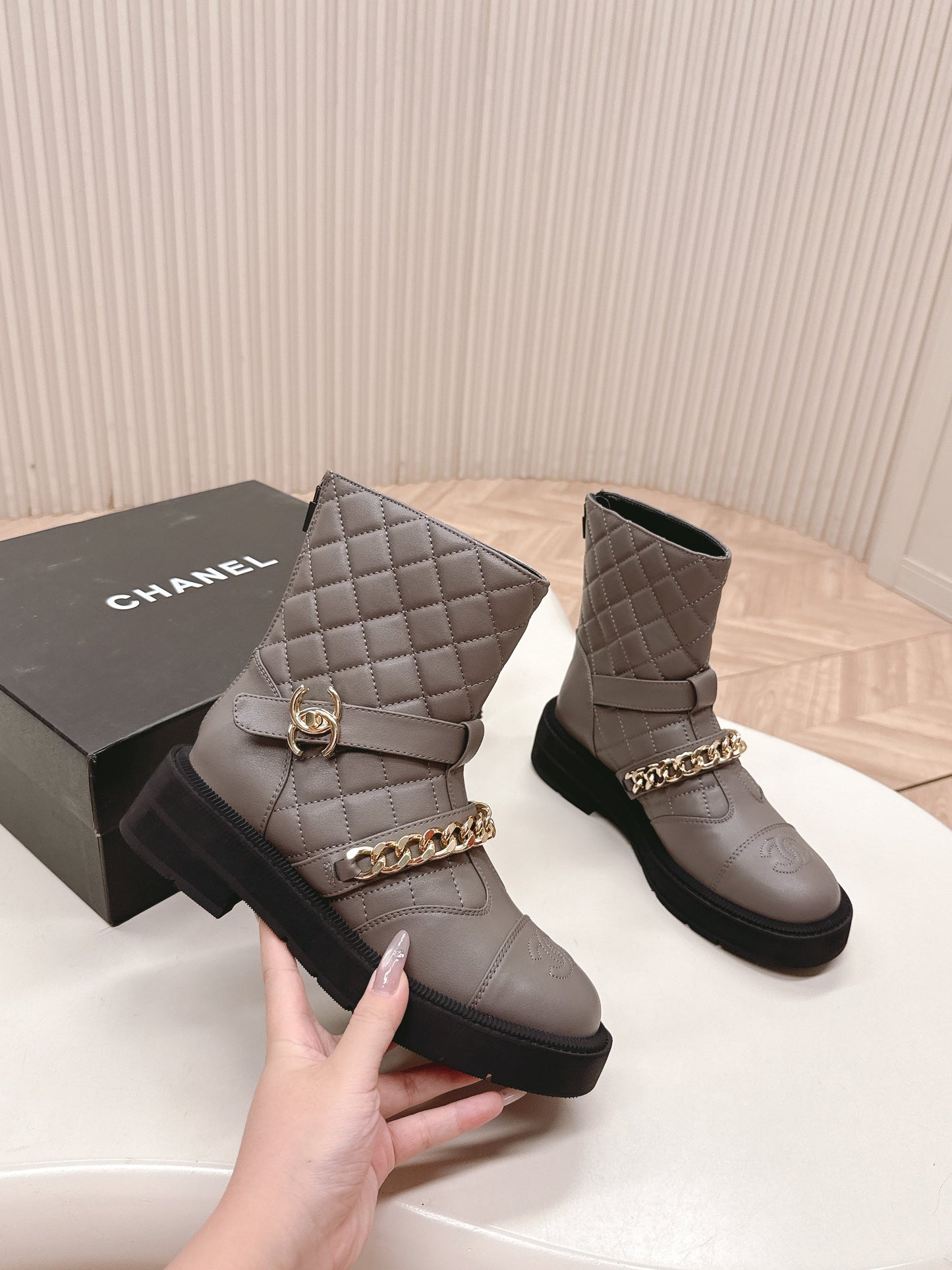 CHANEL ANKLE BOOTS 25S IN SMOKY GREY LAMBSKIN EMBOSSED LOGO WITH GOLD HARDWARE