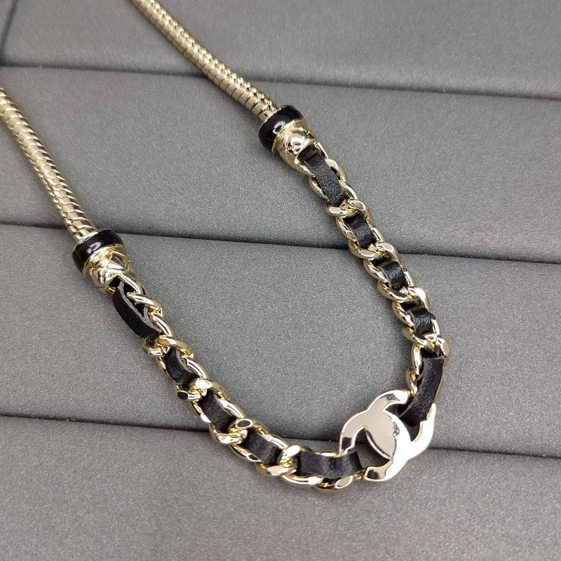 18K Chanel Black Leather Gold Chain Necklace
