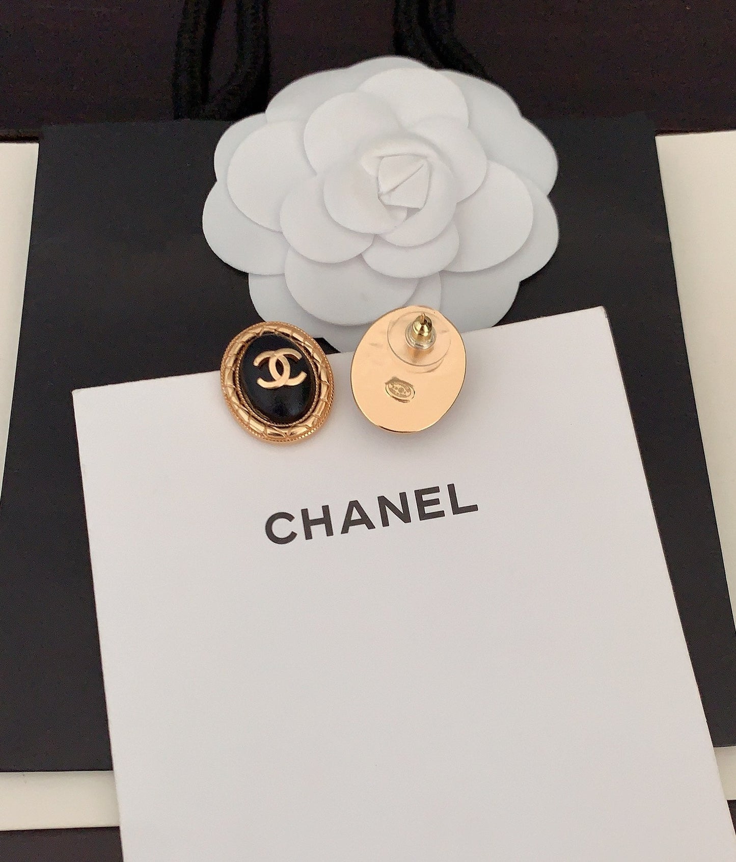 18K Chanel Oval Leather Earrings