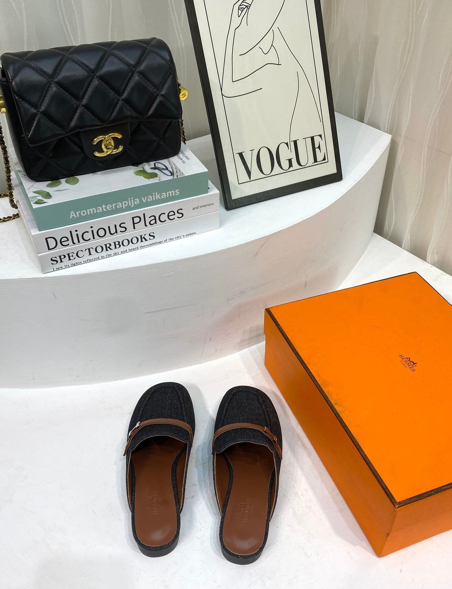 HERMES IENA MULE BLACK CANVAS AND BROWN CALFSKIN