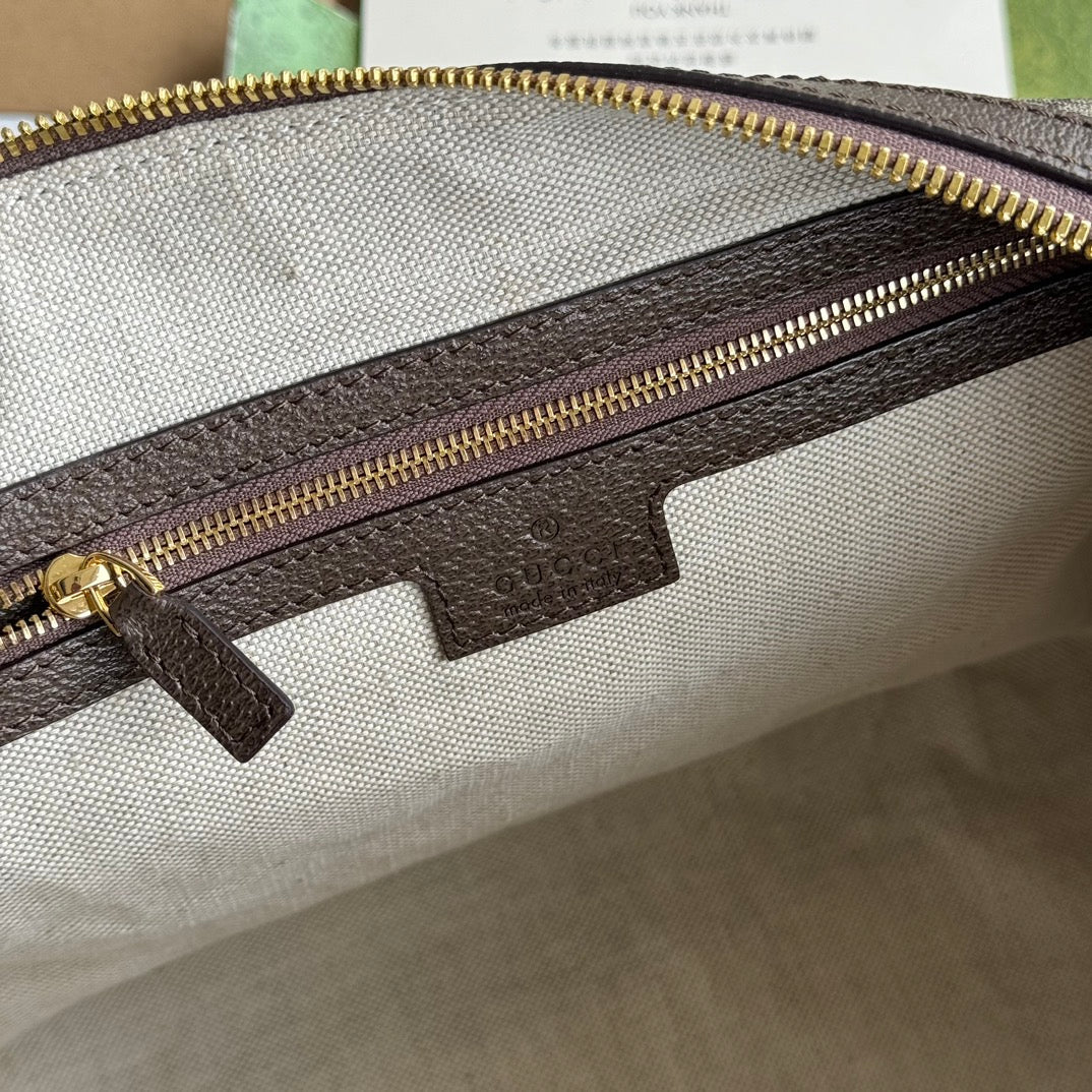 GUCCI OPHIDIA LARGE BOSTON BAG 31 IN BEIGE EBONY BROWN CALFSKIN TRIM