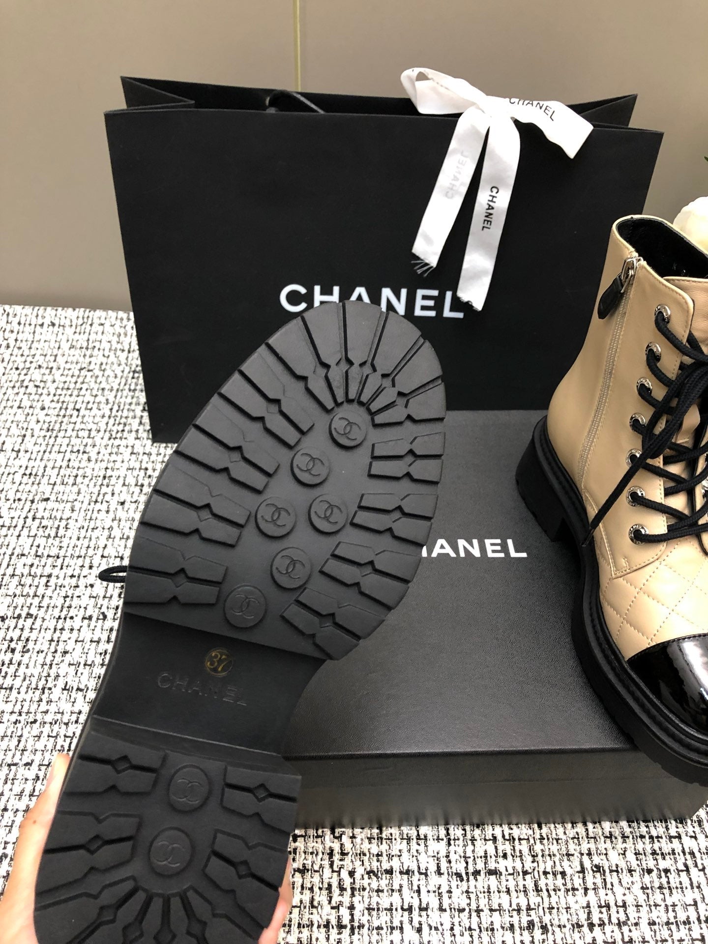 CHANEL SHORT BOOTS BEIGE CREAM MIX BLACK SUEDE LAMBSKIN