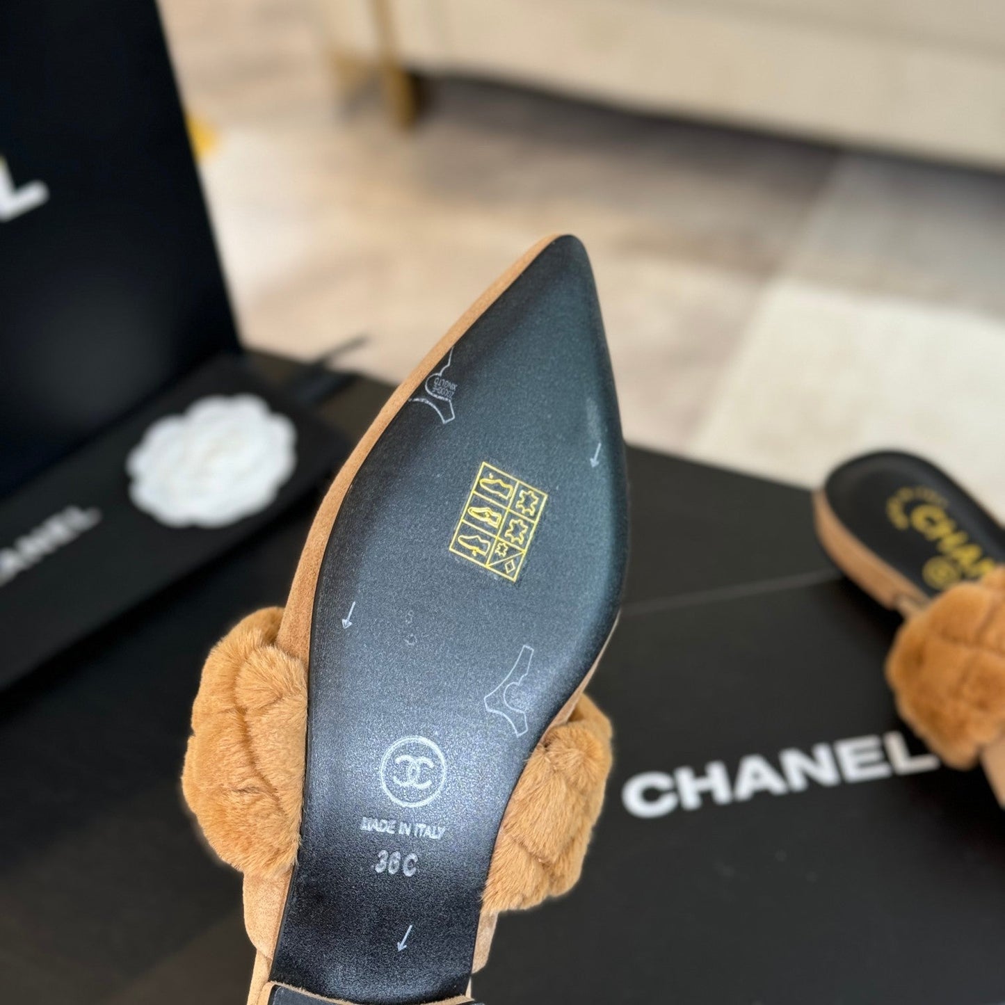 CHANEL MULE IN SEPIA BEIGE SMOOTH FLEECE WITH GOLD HARDWARE