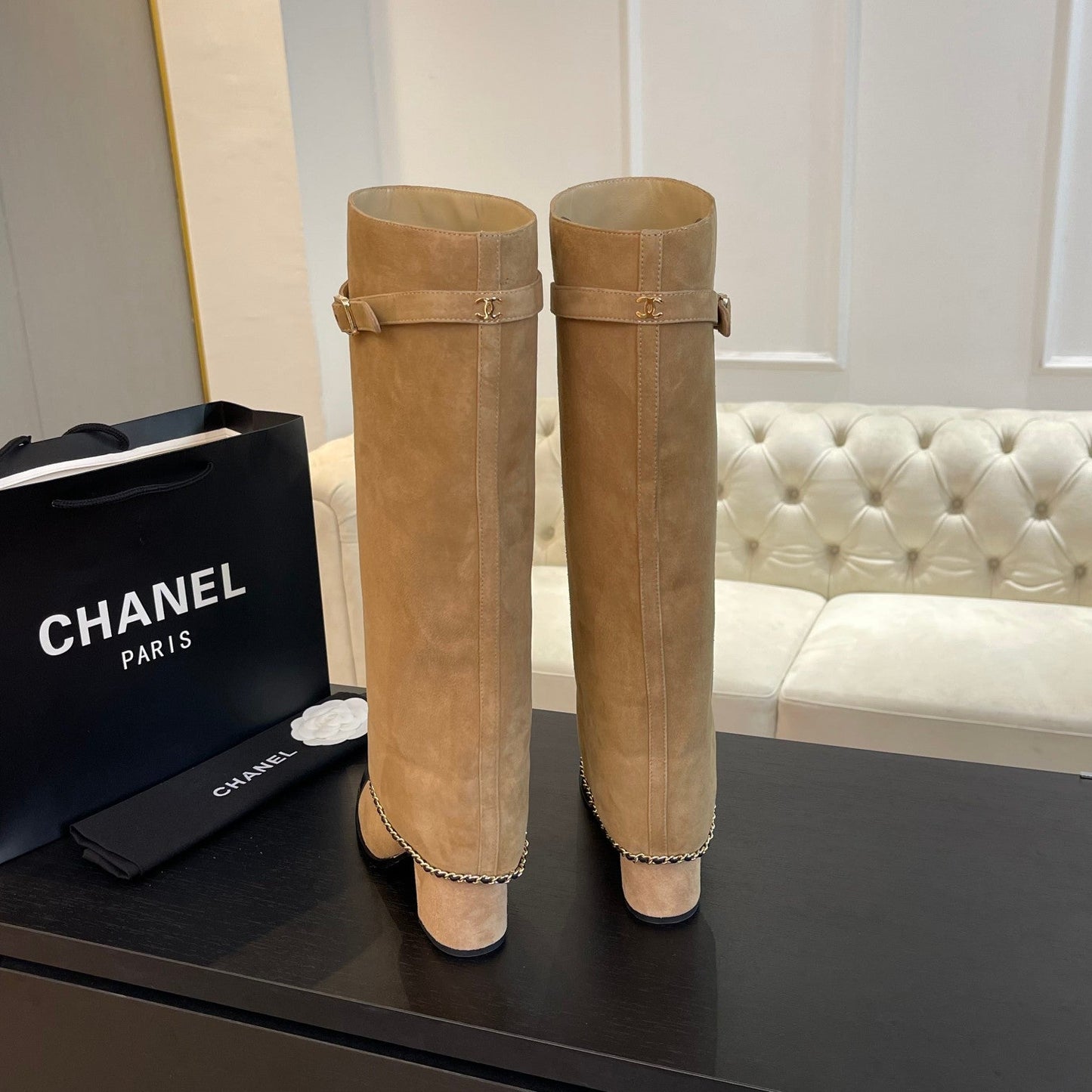 CHANEL HIGH BOOTS 6.5 CM IN CIDER BROWN SUEDE AND BLACK CALFSKIN