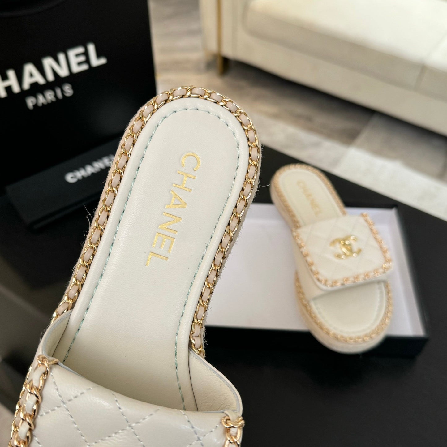 CHANEL Logo Mule Sandal 20mm White Lambskin 183980