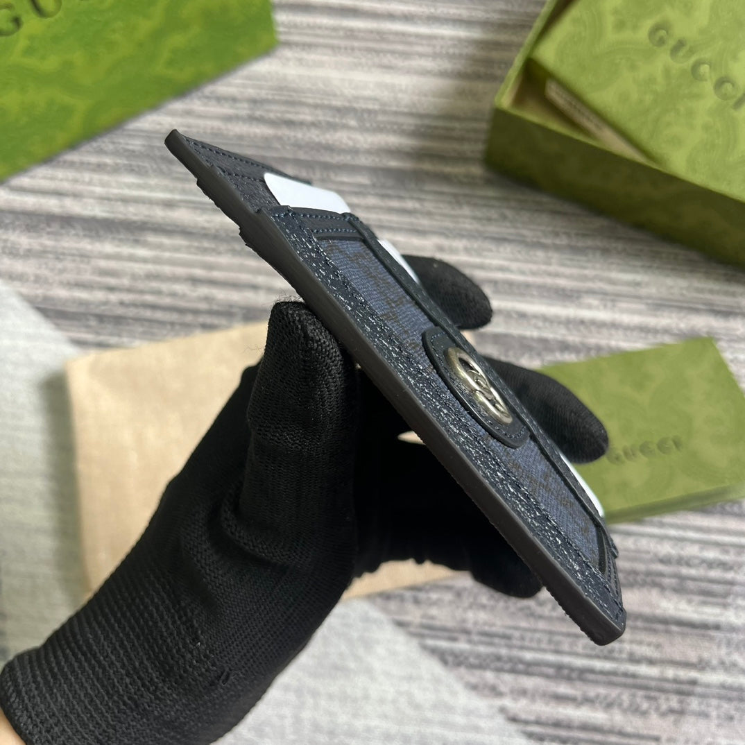 GUCCI OPHIDIA 11 CARD CASE DARK BLUE CANVAS AND BLACK CALFSKIN
