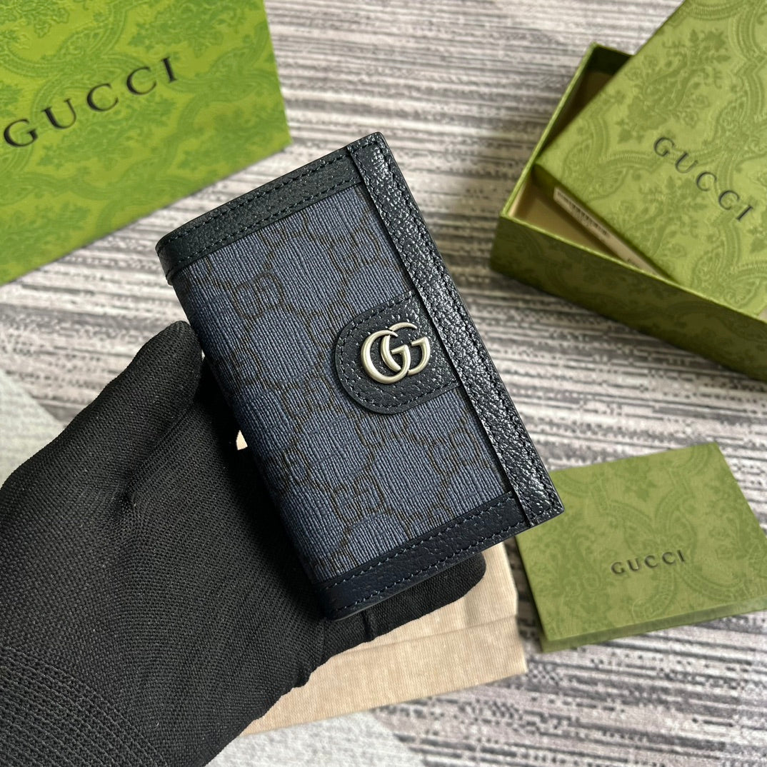 GUCCI OPHIDIA 12 CARD CASE DARK BLUE CANVAS AND BLACK CALFSKIN