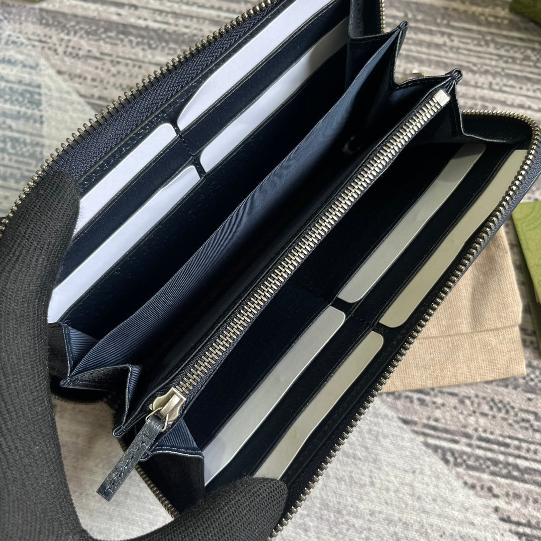 GUCCI OPHIDIA 19 ZIP AROUND WALLET DARK BLUE CANVAS AND BLACK CALFSKIN