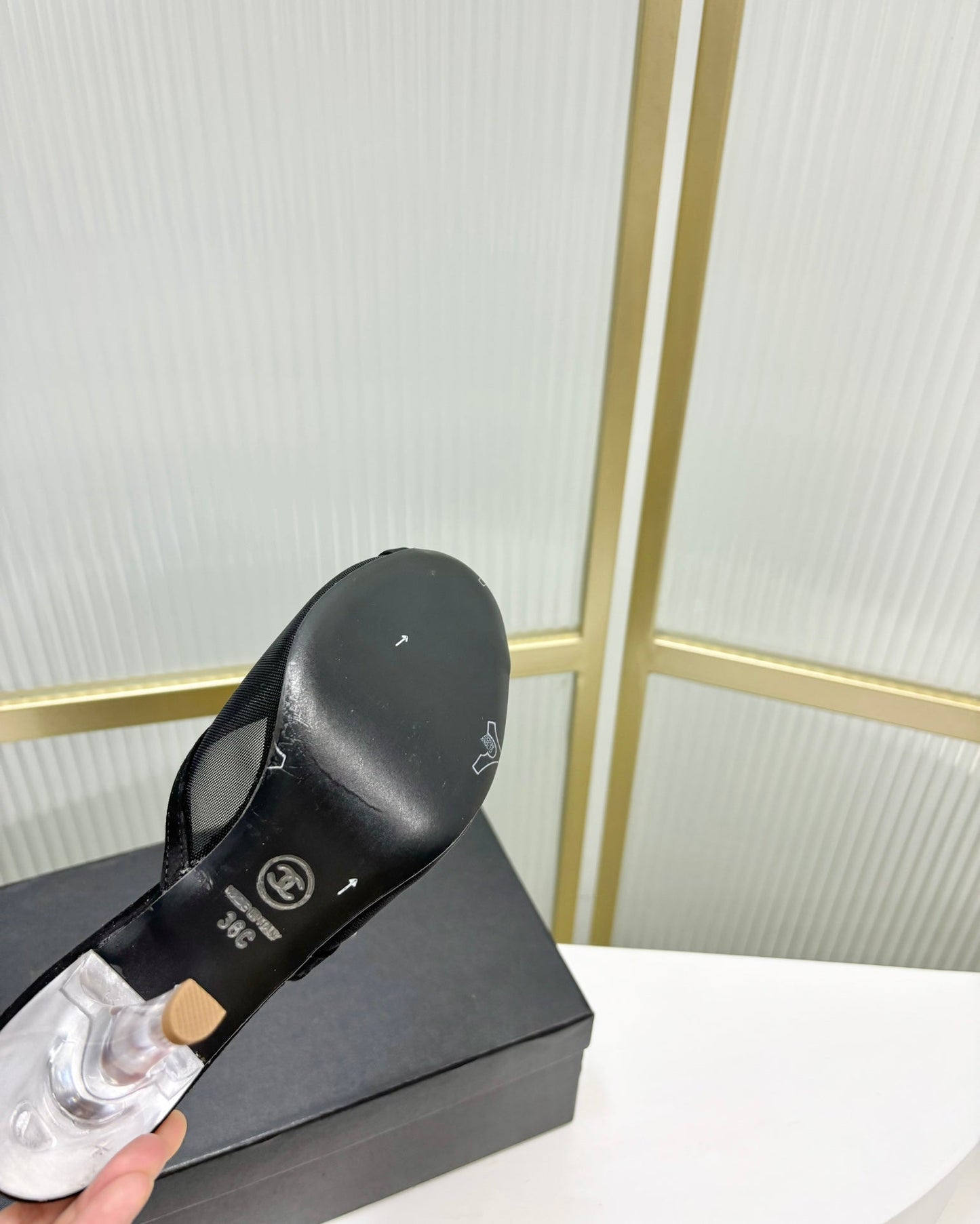 CHANEL HIGH HEEL PEEP TOE IN BLACK BREATHABLE MESH