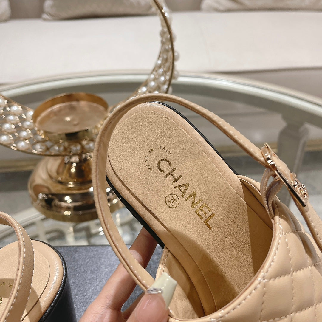 CHANEL Double C Chunky Heel Peep-Toe Open Sandals Beige Cream Lambskin