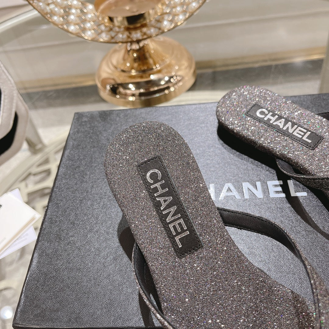 CHANEL Double Rhinestone Flip Flop Thongs Dark Gray Sheepskin