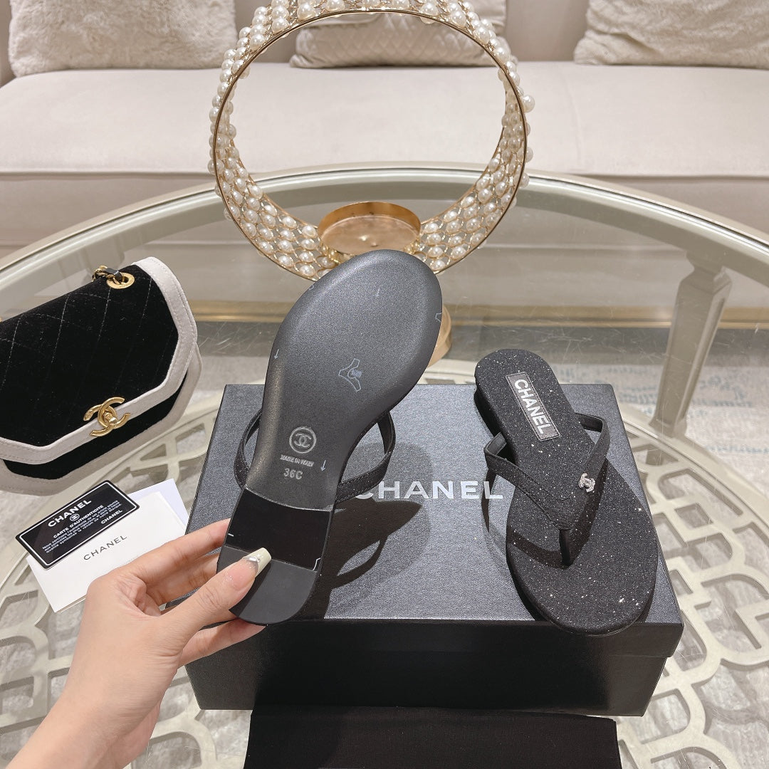 CHANEL Double Rhinestone Flip Flop Thongs Black Sheepskin