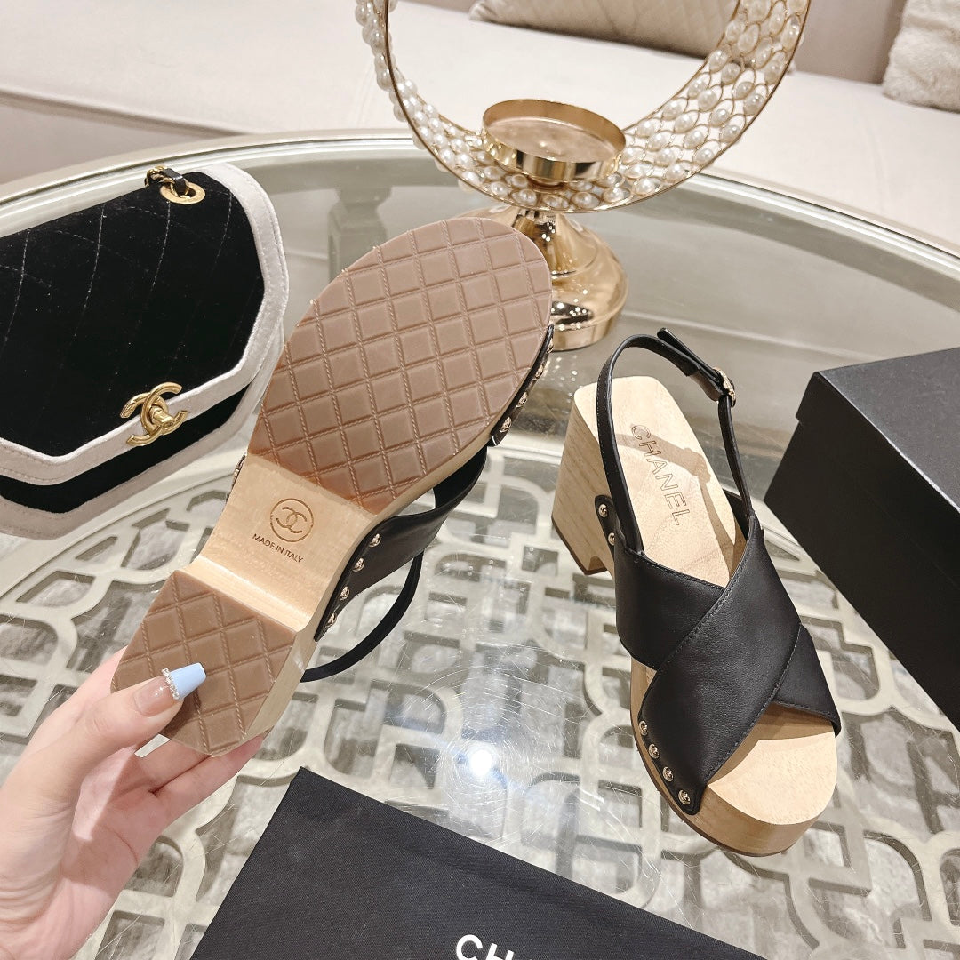 CHANEL Double Wood Grain Platform Sandals Black Sheepskeen