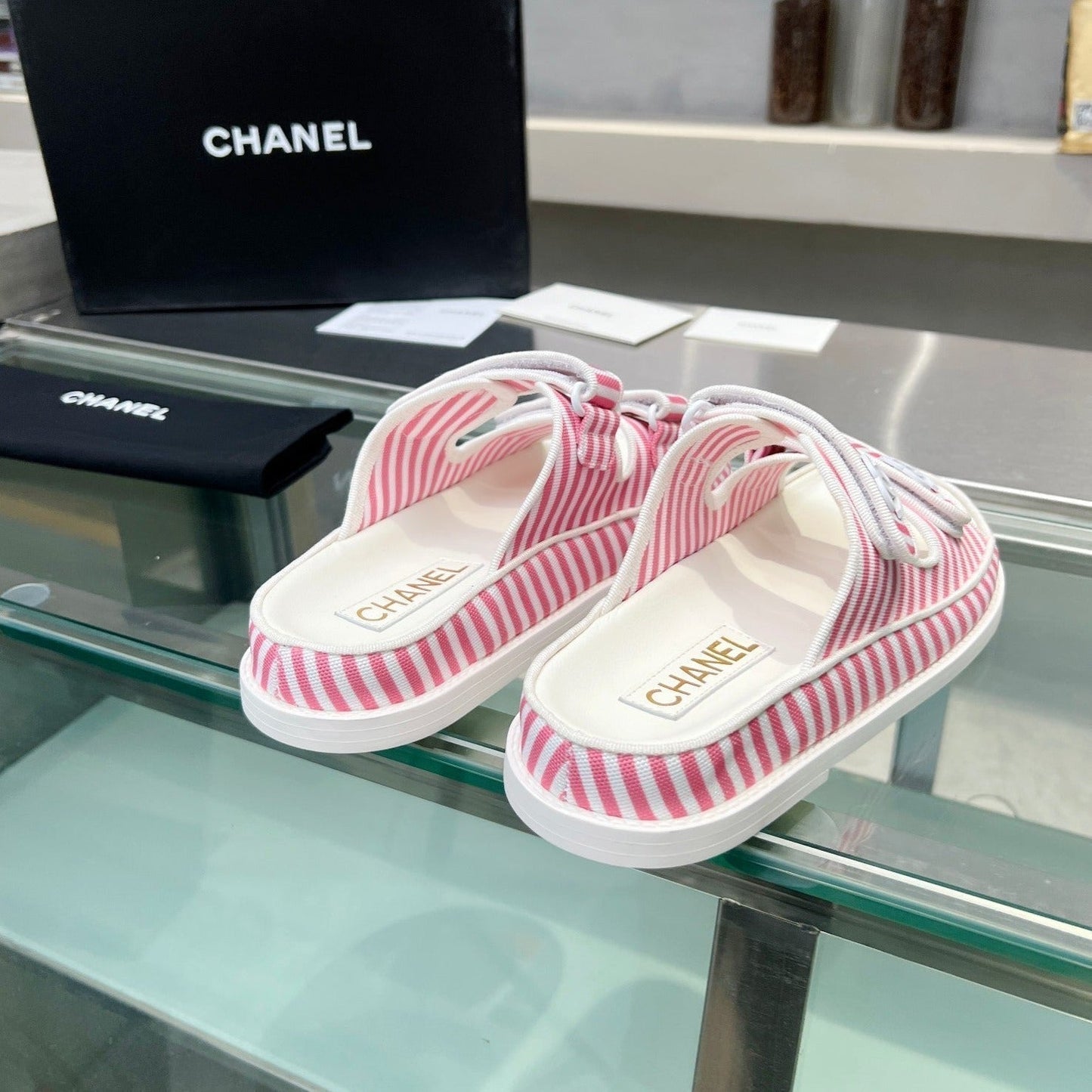CHANEL Stripes Casual Flat Sandals Light Pink White
