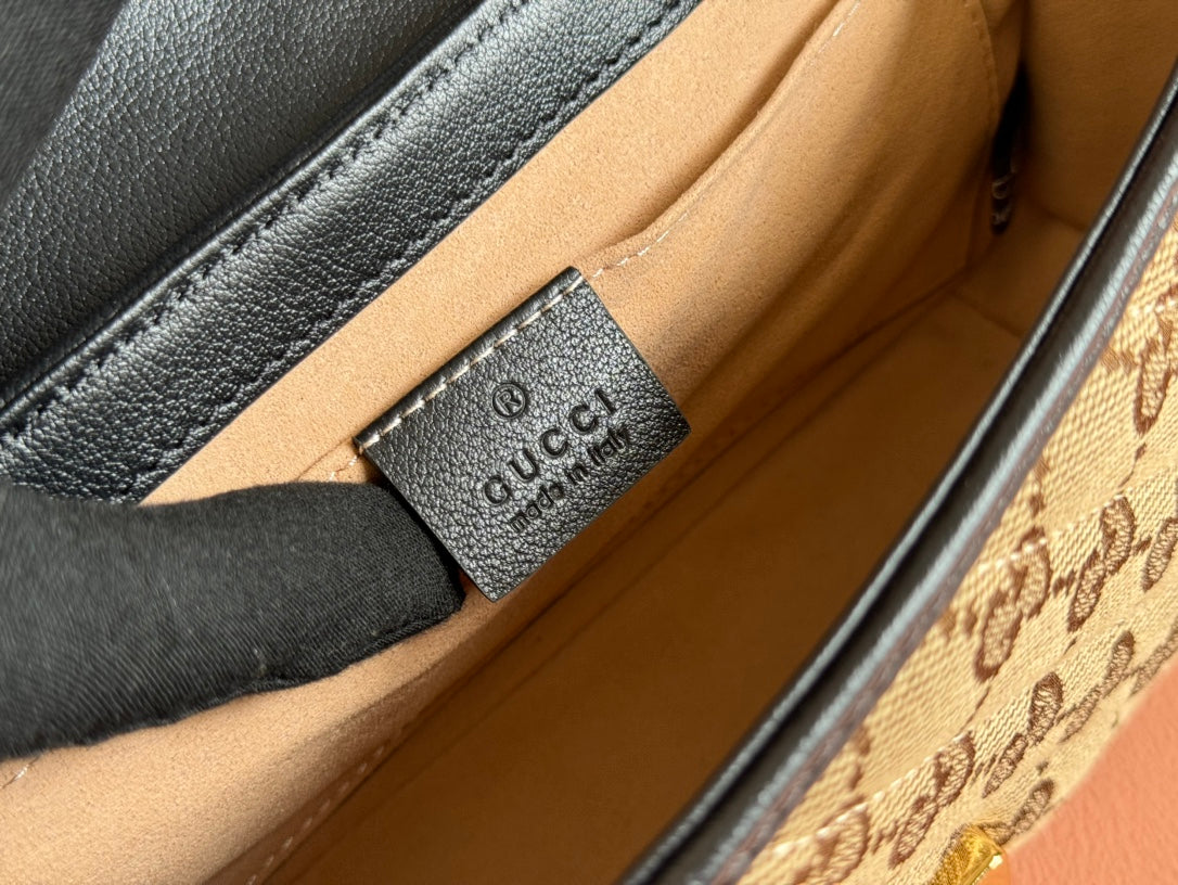 GUCCI MARMONT MEDIUM SHOULDER BAG 22 IN BEIGE AND BROWN CANVAS BLACK CALFSKIN