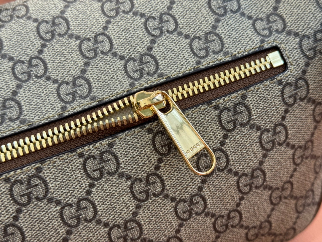 GUCCI OPHIDIA BELT BAG 28 IN BROWN AND BEIGE CALFSKIN