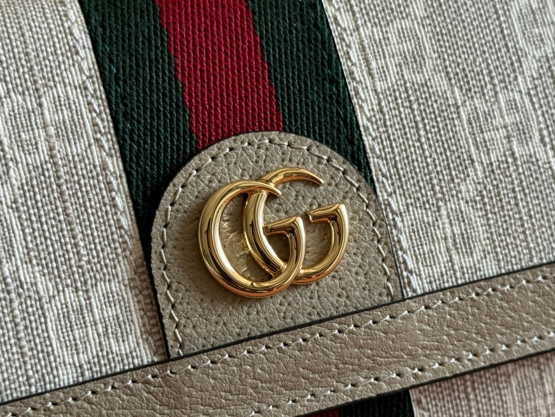 GUCCI OPHIDIA WALLET ON GOLD CHAIN 19 IN LIGHT BEIGE CANVAS AND LIGHT BROWN CALFSKIN