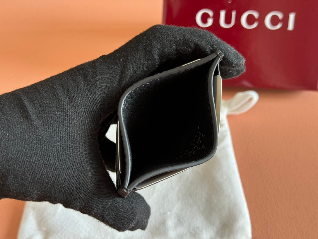 GUCCI EMBLEM CARD CASE 10 IN BLACK GRAINY CALFSKIN