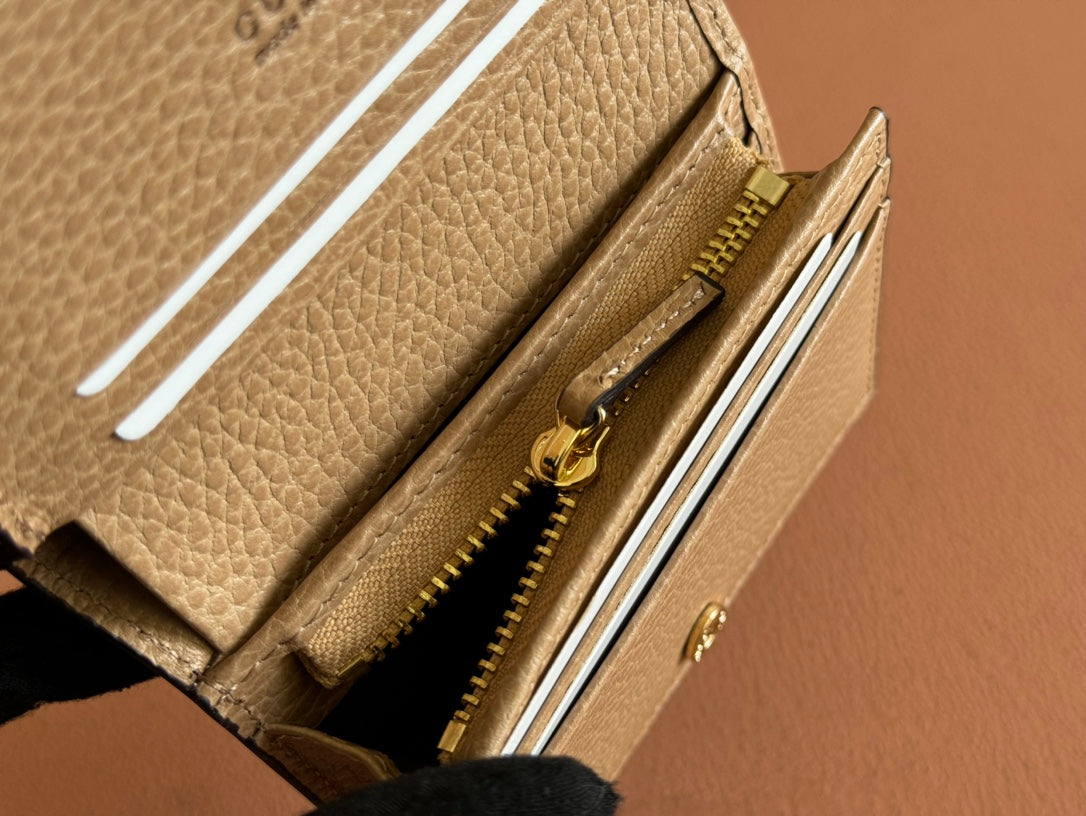 GUCCI MARMONT BI-COLOUR CARD CASE WALLET 11 IN BEIGE EBONY CANVAS BROWN CALFSKIN