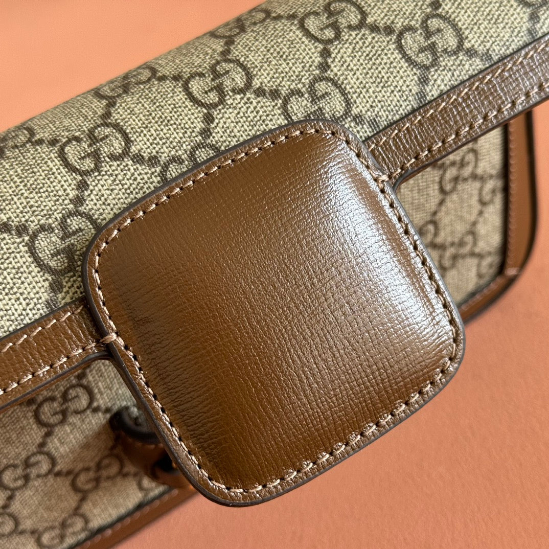 GUCCI HORSEBIT 1955 SMALL 21.5 IN BEIGE EBONY SUPREME BROWN CALFSKIN GOLD HARDWARE