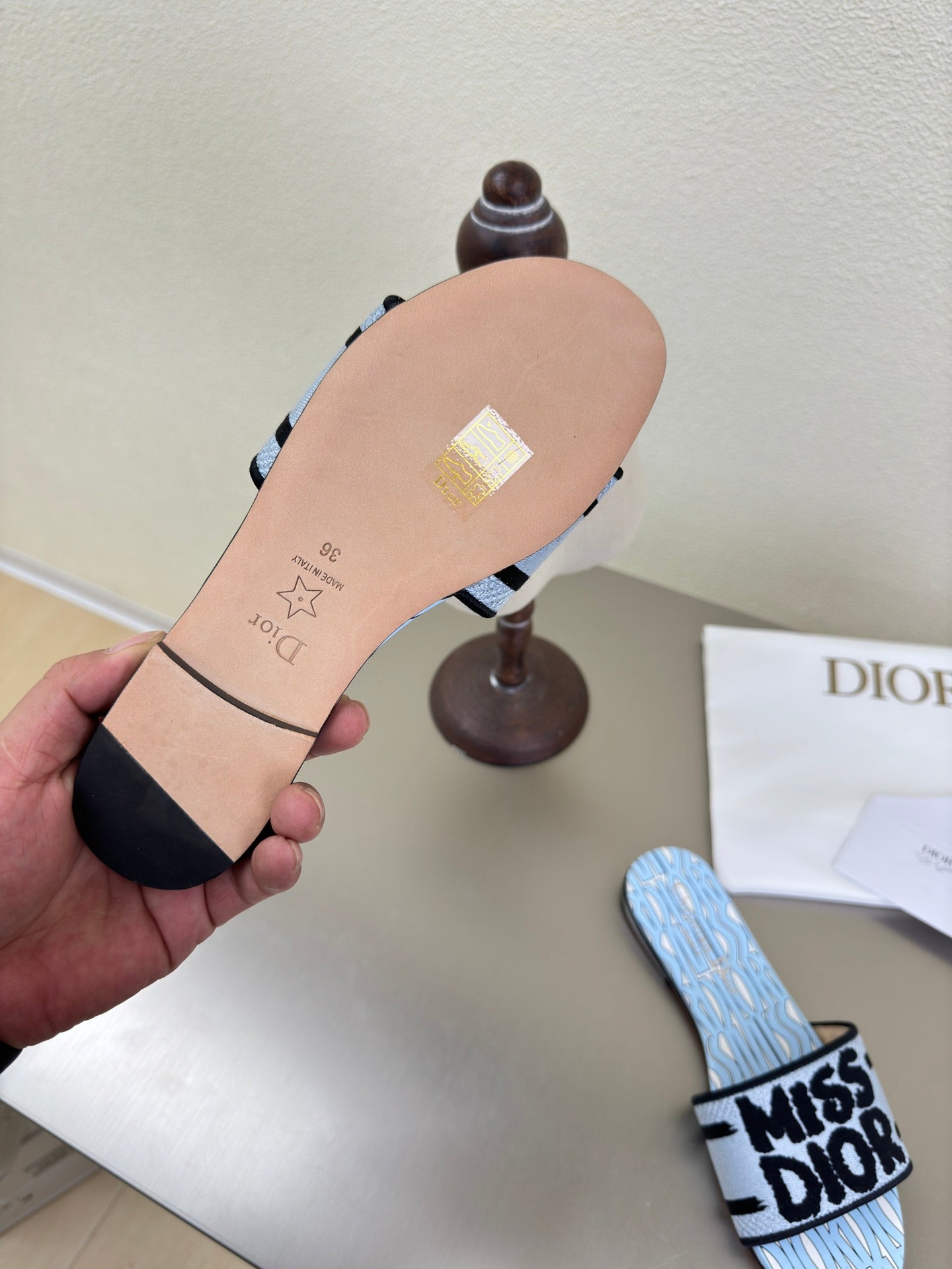 DIOR DWAY SLIDE EMBROIDERED COTTON AND POWDER BLUE MISS ALLOVER MOTIF
