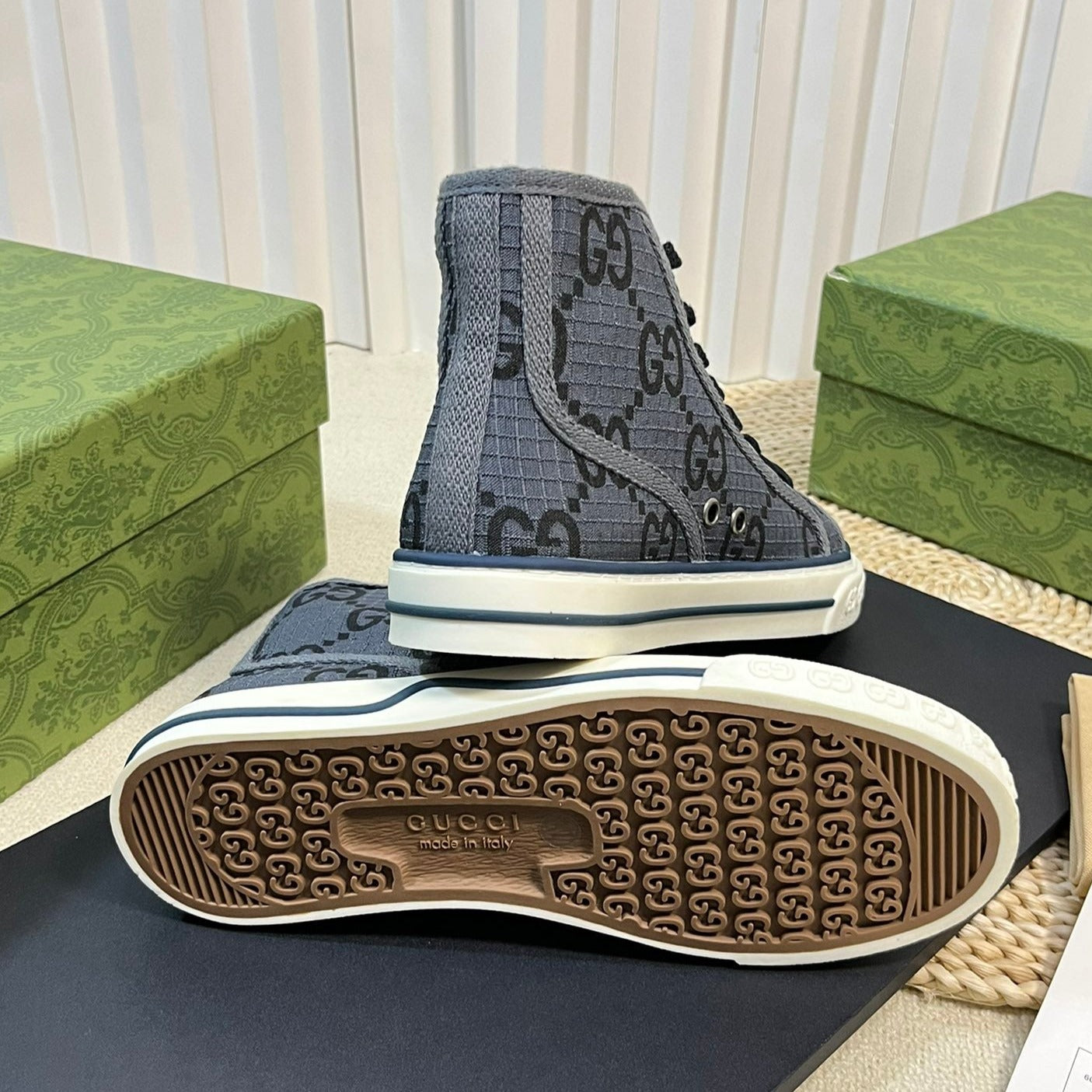 GUCCI Tennis 1977 High Top Sneaker Black Grey Caro