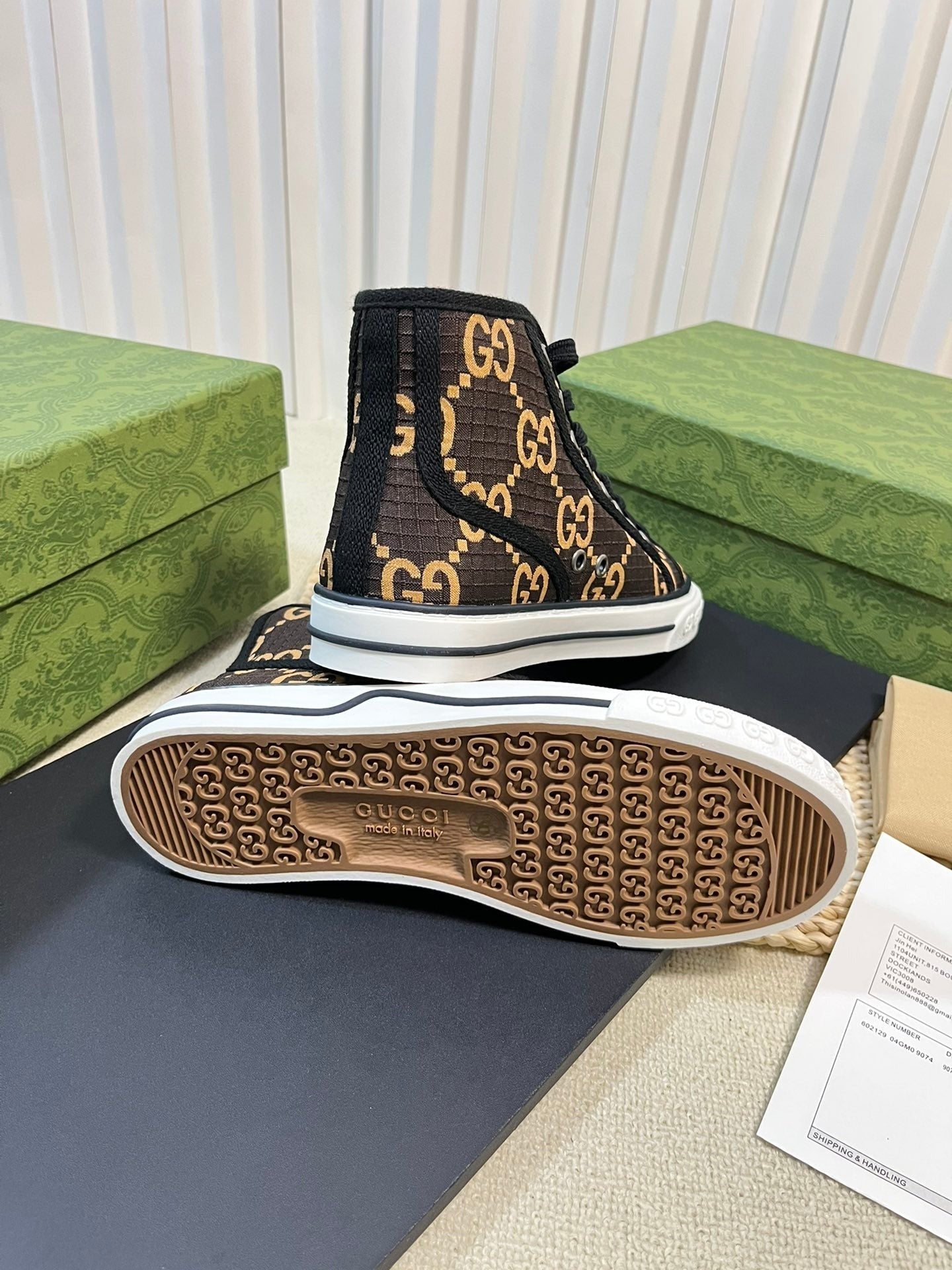 GUCCI Tennis 1977 High Top Sneaker Black Brown Caro