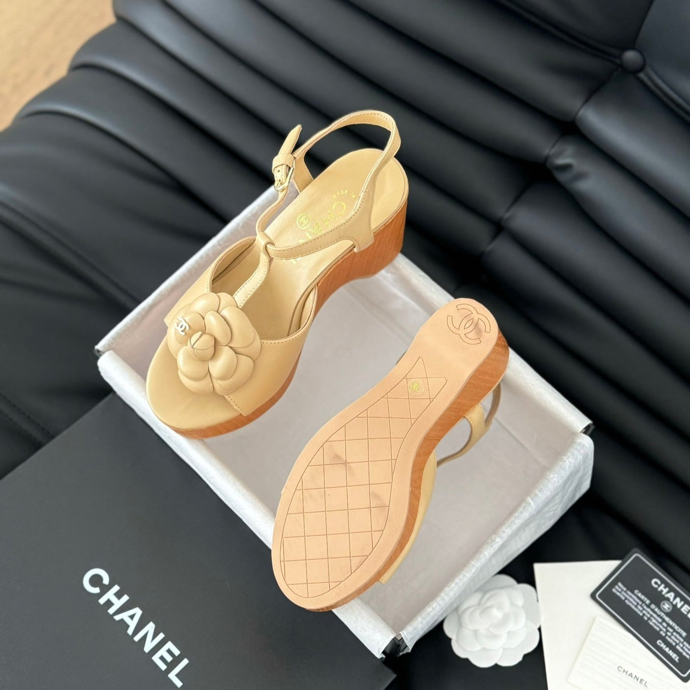 CHANEL Double C New Wood Grain Platform Sandal Tan Brown Lambskin