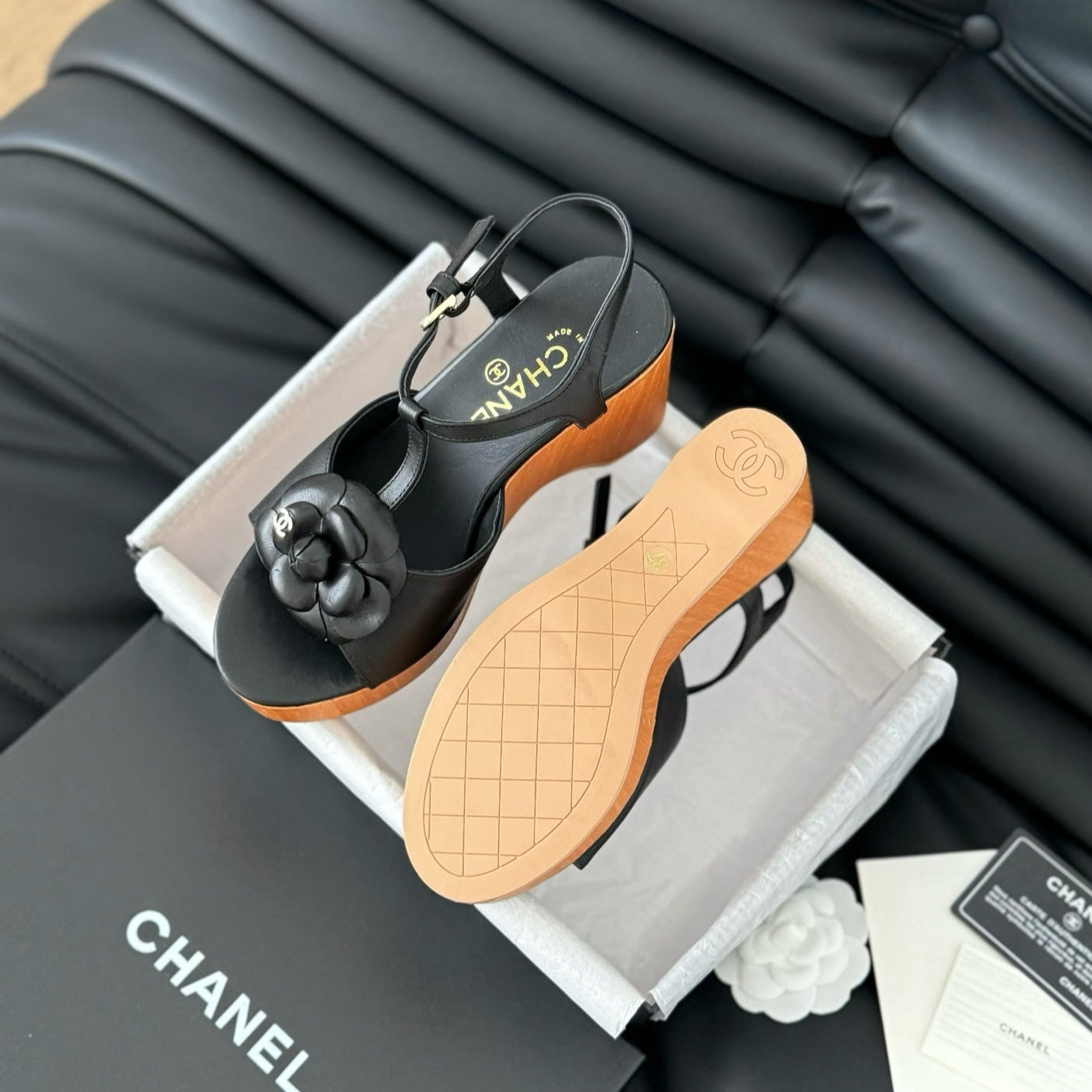 CHANEL Double C New Wood Grain Platform Sandal Black Lambskin