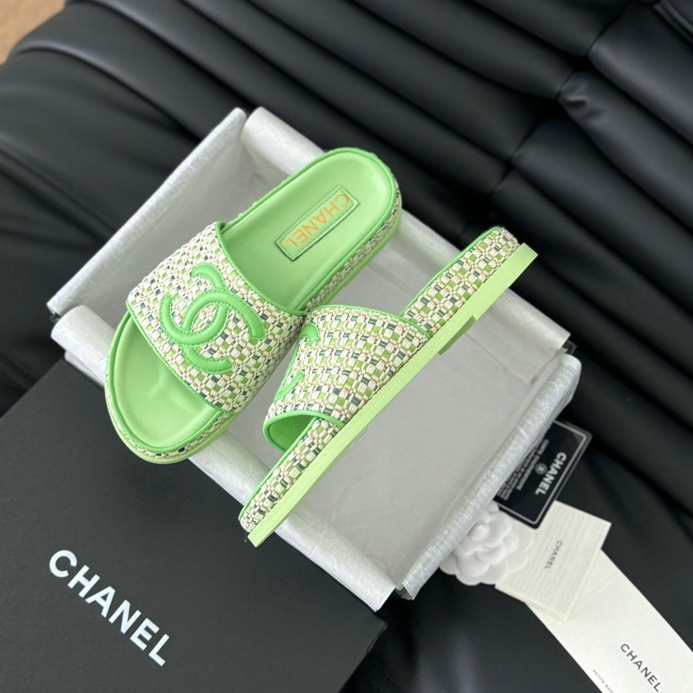 CHANEL Slippers Sheepskin Light Green