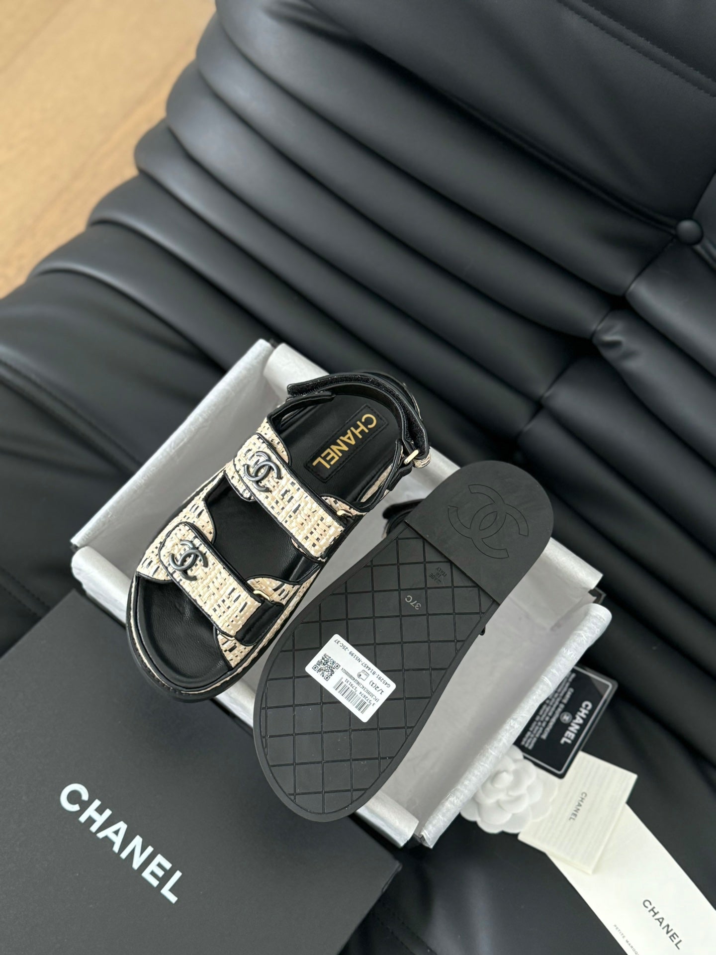 CHANEL Dad Sandals Sheepskin Beige Black