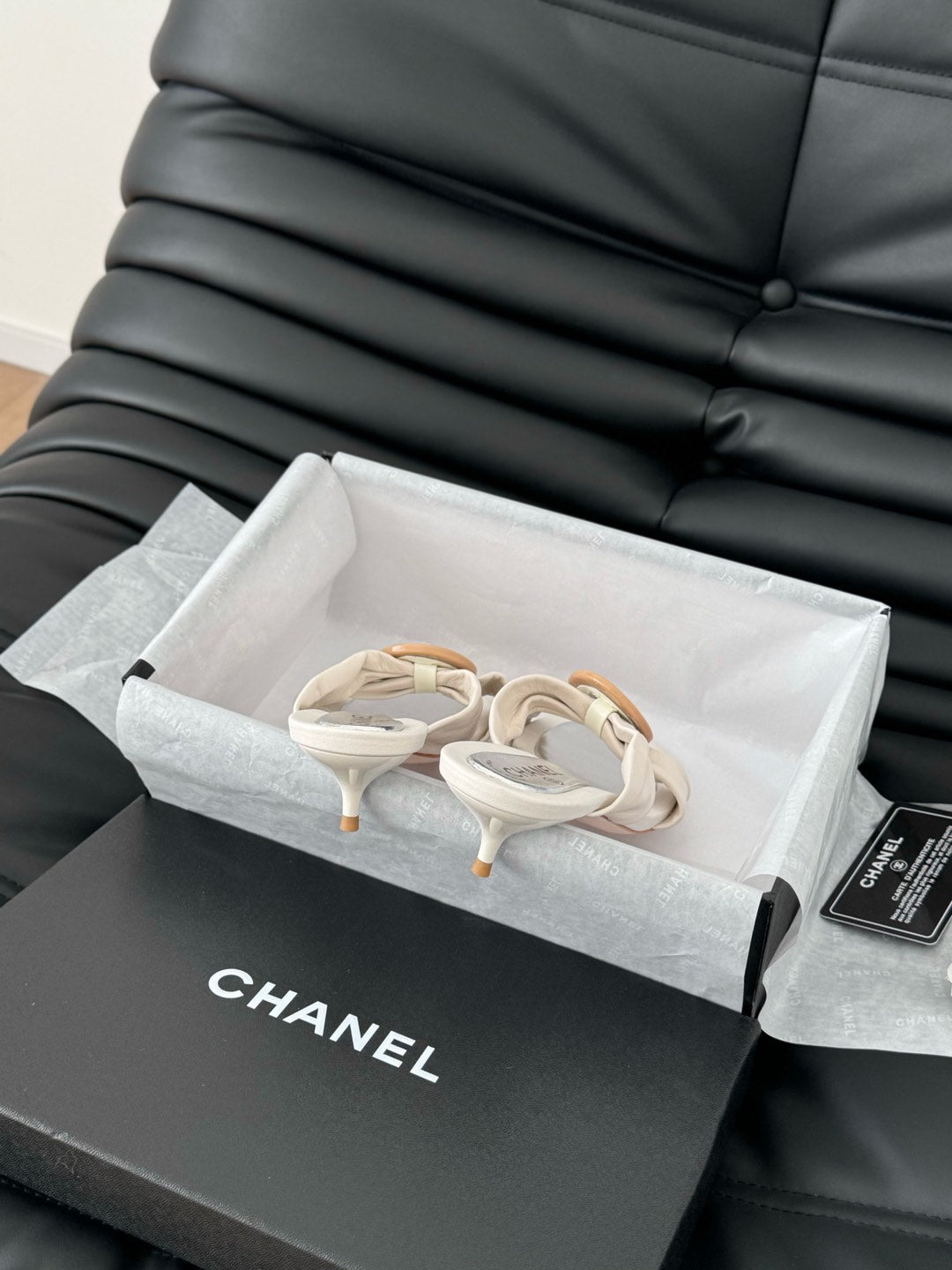 CHANEL WHITE FABRIC SLIDE SANDALS