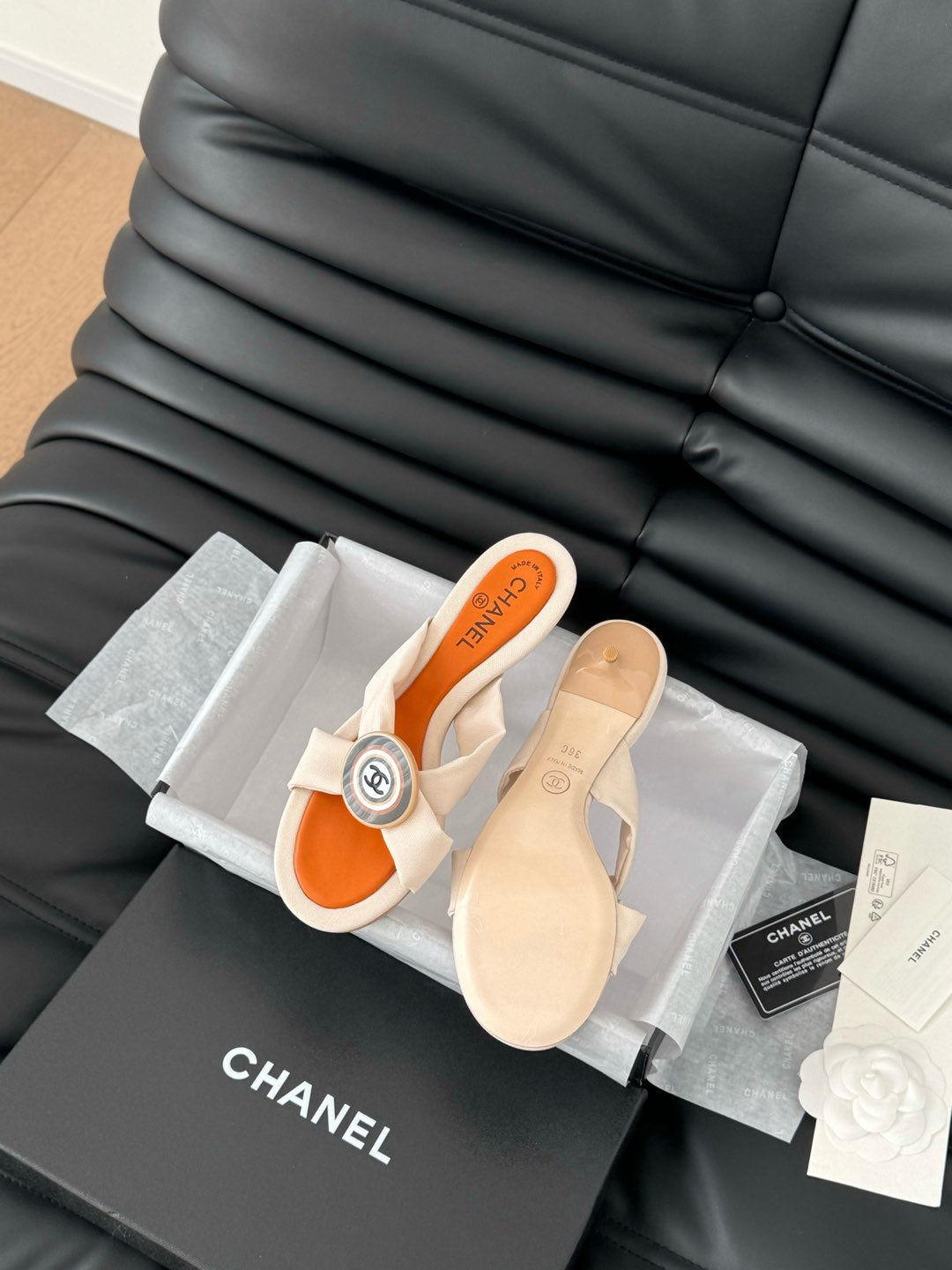 CHANEL VIVID ORANGE FABRIC SLIDE SANDALS