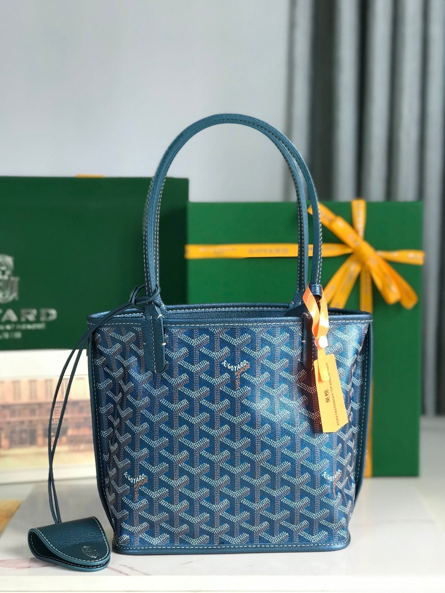 ANJOU MINI BAG 20 IN NAVY BLUE CALFSKIN AND GOYARDINE CANVAS