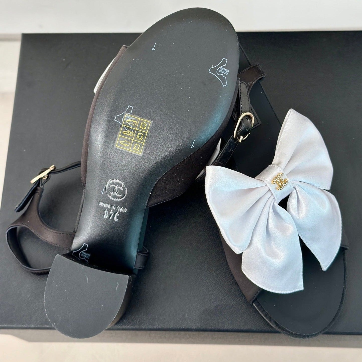 CHANEL Double Big Bow High Sandal Sheepskin Black White
